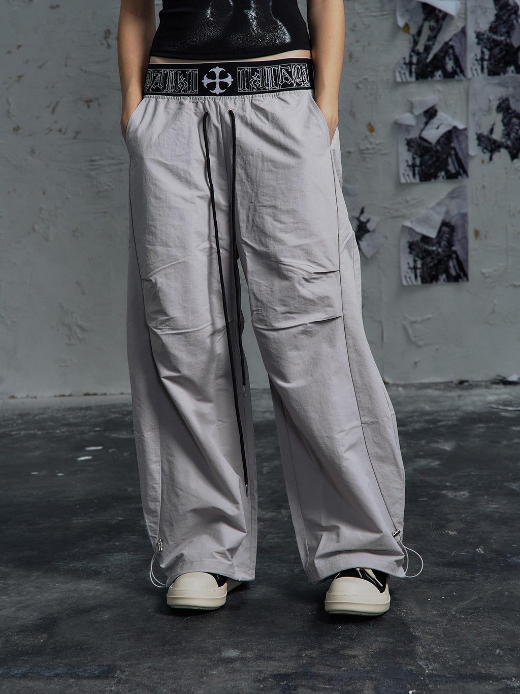 PAIKI Breathable Velvet Embroidered Mid Rise Drawstring Casual Youth Wide-Leg Pants