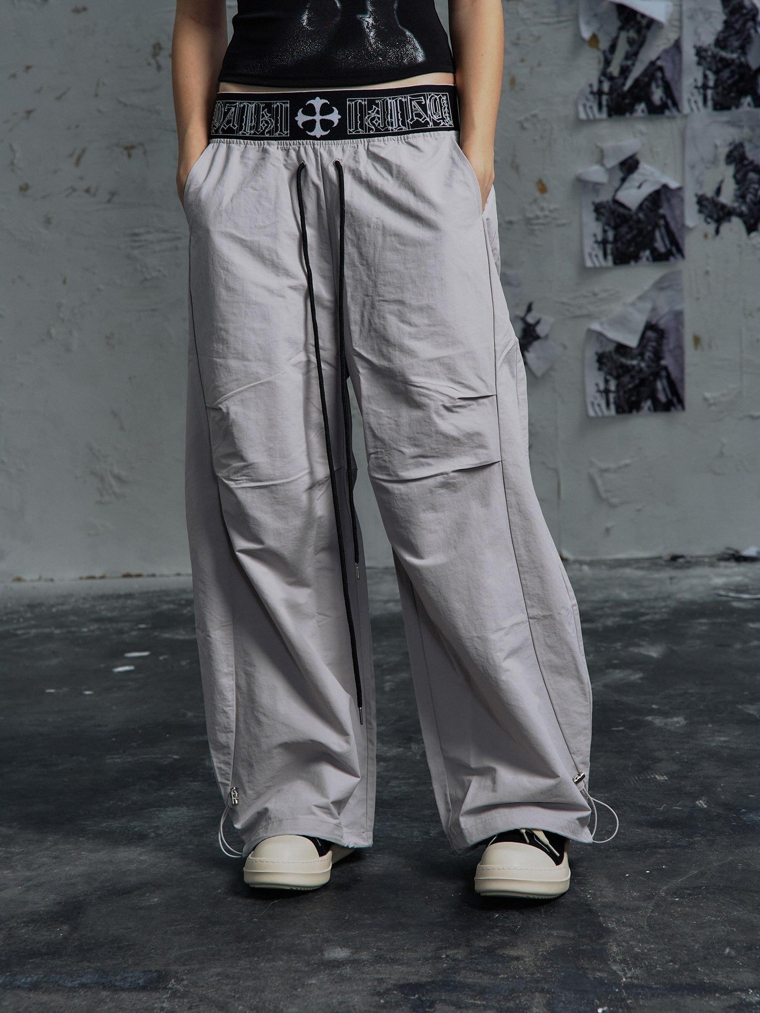 PAIKI Breathable Velvet Embroidered Mid Rise Drawstring Casual Youth Wide-Leg Pants