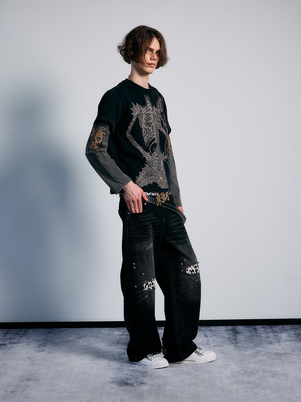 PAIKI Camouflage Skeleton Print Faux Two Piece Punk Women's Cotton Long Sleeve T-shirts