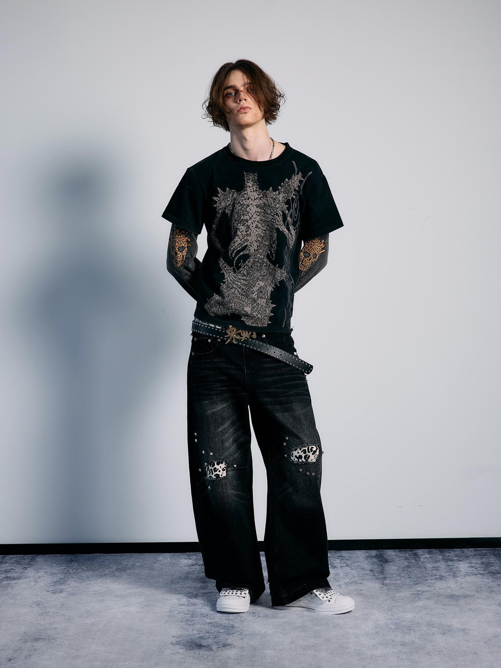 PAIKI Camouflage Skeleton Print Faux Two Piece Punk Women's Cotton Long Sleeve T-shirts