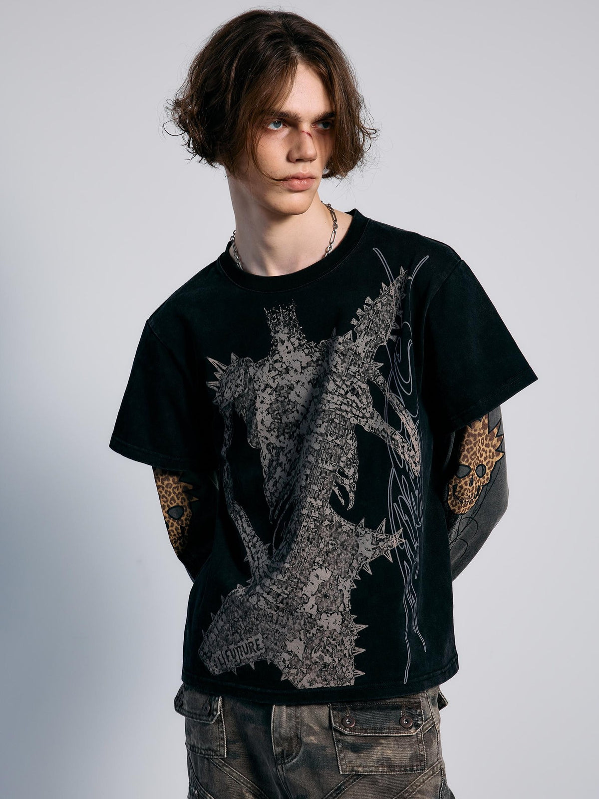 PAIKI Camouflage Skeleton Print Faux Two Piece Punk Women's Cotton Long Sleeve T-shirts