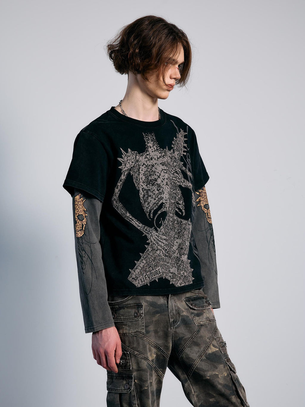 PAIKI Camouflage Skeleton Print Faux Two Piece Punk Women's Cotton Long Sleeve T-shirts
