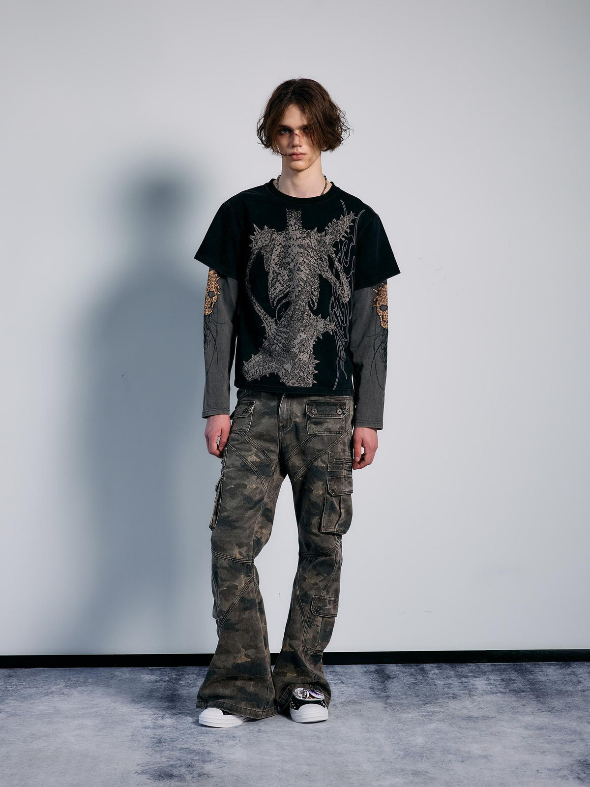 PAIKI Camouflage Skeleton Print Faux Two Piece Punk Women's Cotton Long Sleeve T-shirts