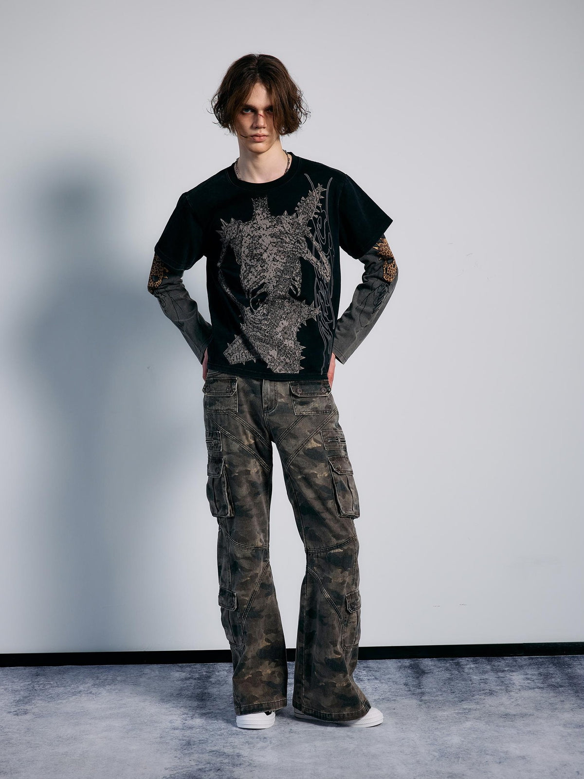 PAIKI Camouflage Skeleton Print Faux Two Piece Punk Women's Cotton Long Sleeve T-shirts