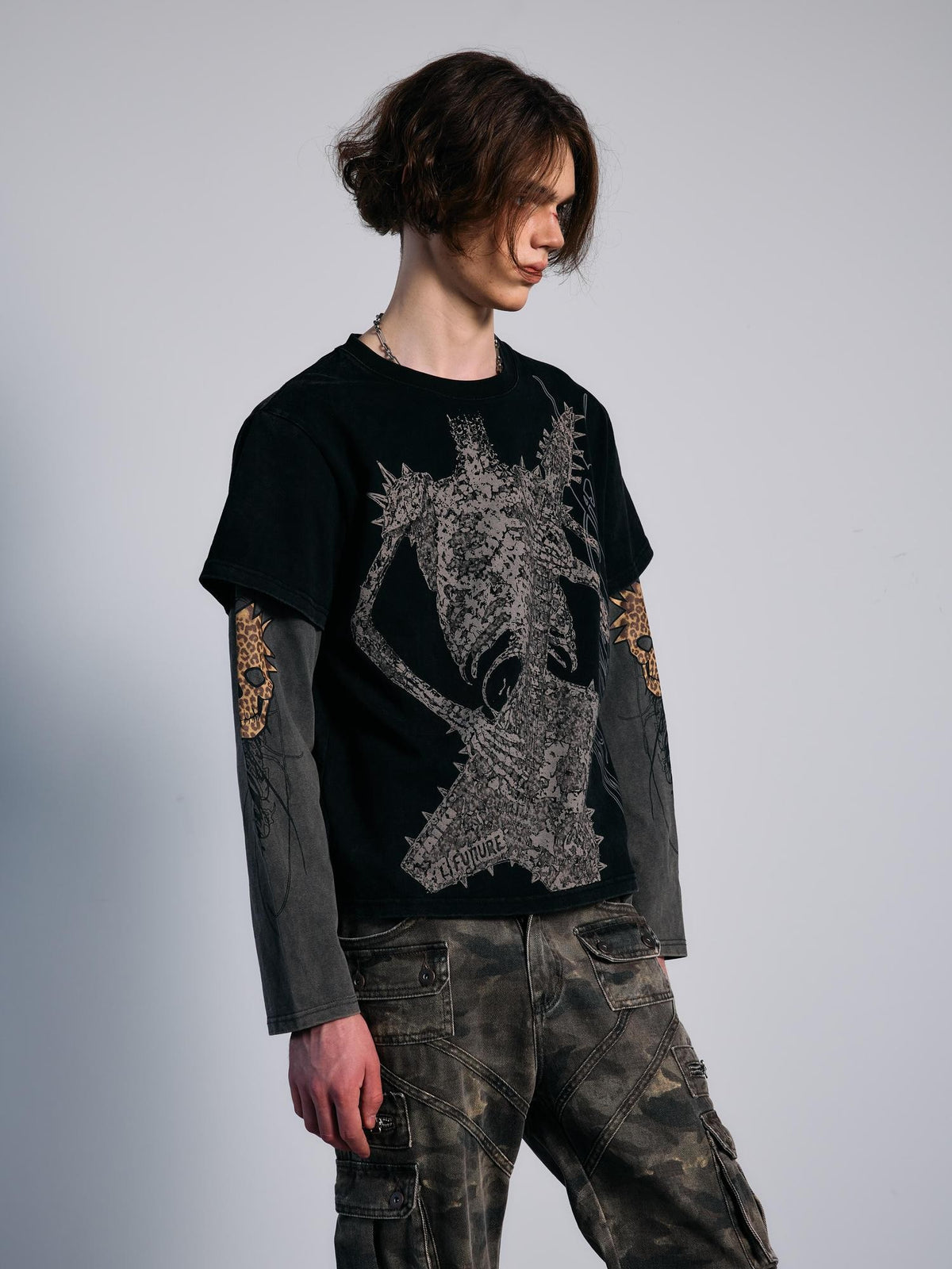 PAIKI Camouflage Skeleton Print Faux Two Piece Punk Women's Cotton Long Sleeve T-shirts