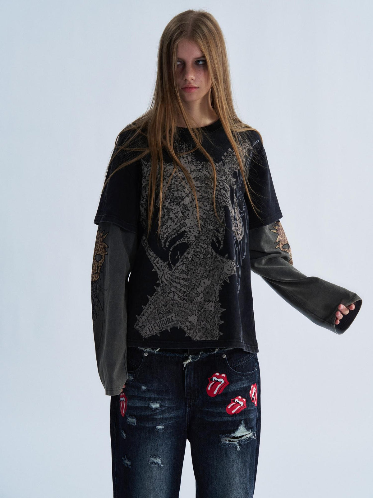 PAIKI Camouflage Skeleton Print Faux Two Piece Punk Women's Cotton Long Sleeve T-shirts