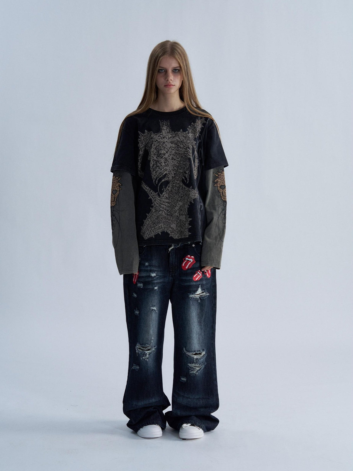 PAIKI Camouflage Skeleton Print Faux Two Piece Punk Women's Cotton Long Sleeve T-shirts