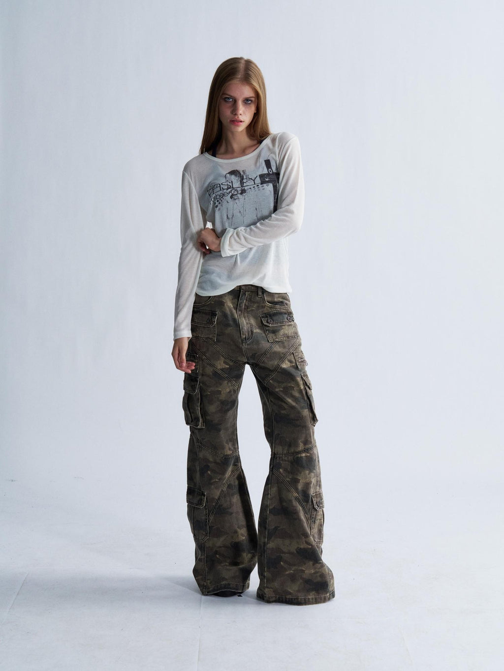 PAIKI Camouflage Washed Multi Panel Flare Women's Cotton Cargo Pants