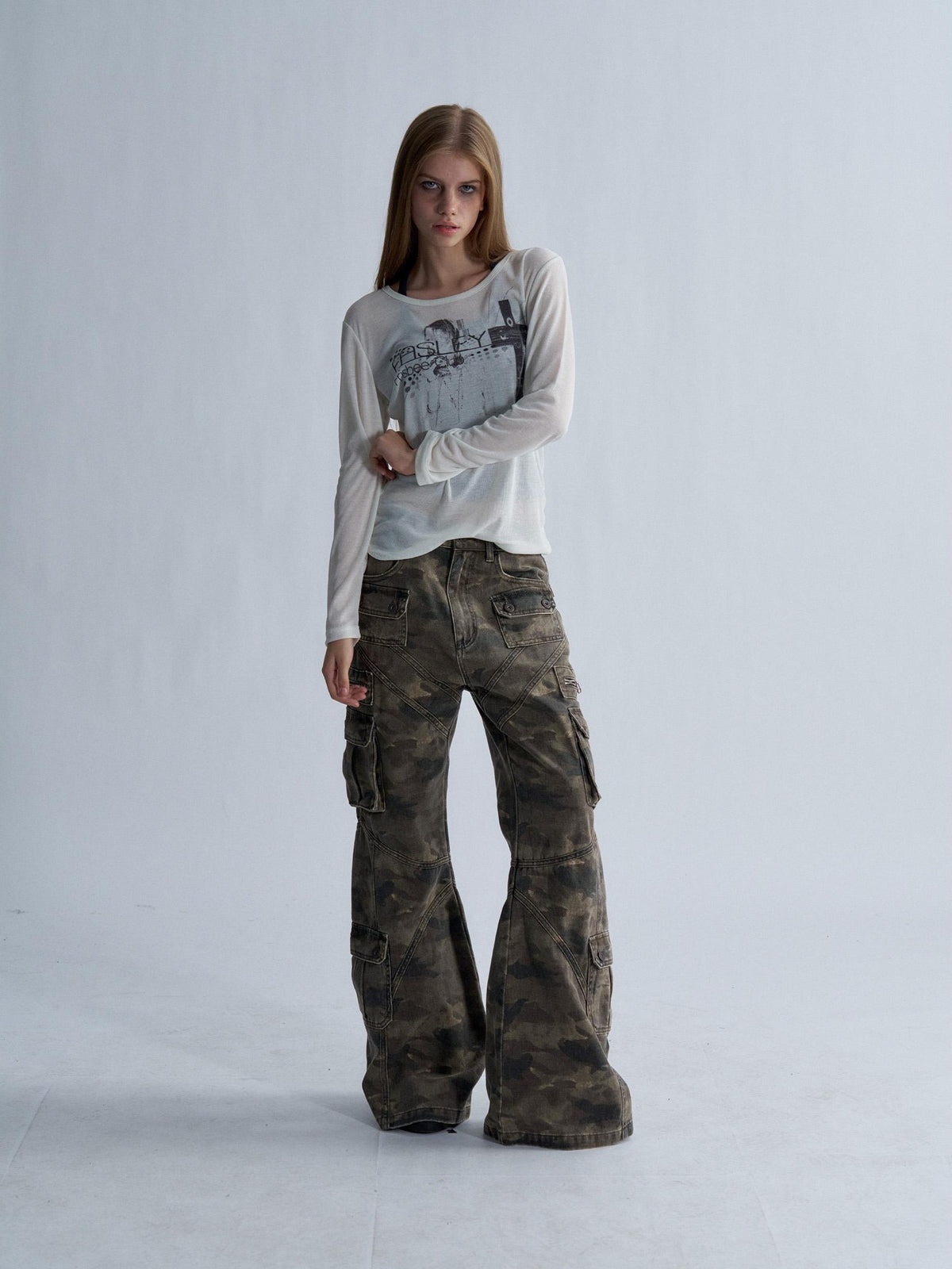 PAIKI Camouflage Washed Multi Panel Flare Women's Cotton Cargo Pants