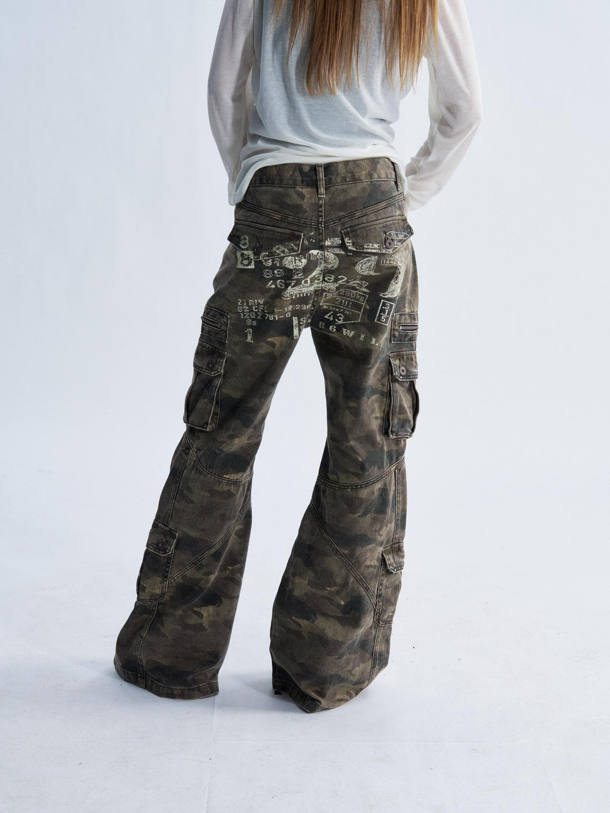 PAIKI Camouflage Washed Multi Panel Flare Women's Cotton Cargo Pants
