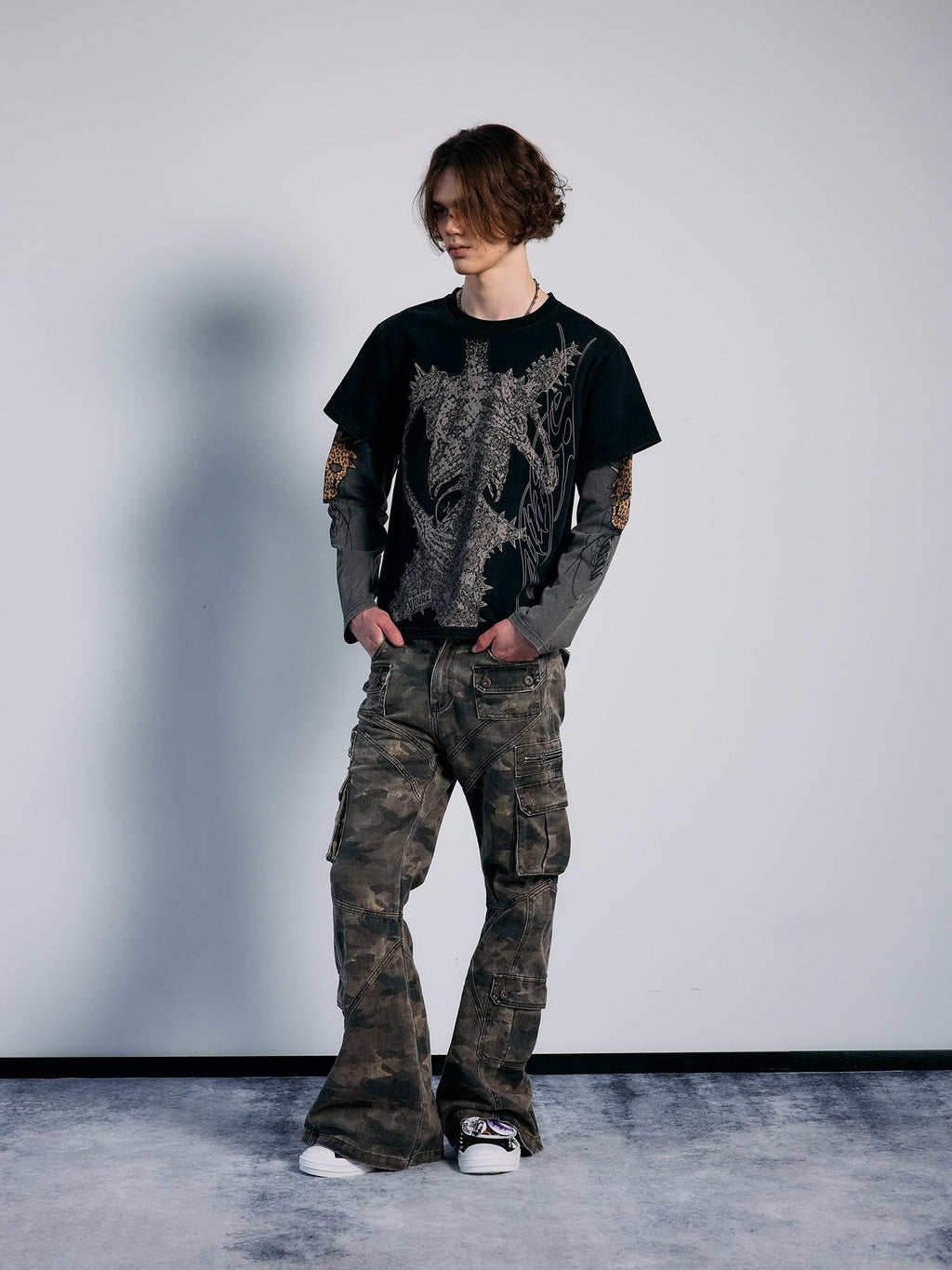 PAIKI Camouflage Washed Multi Panel Flare Women's Cotton Cargo Pants