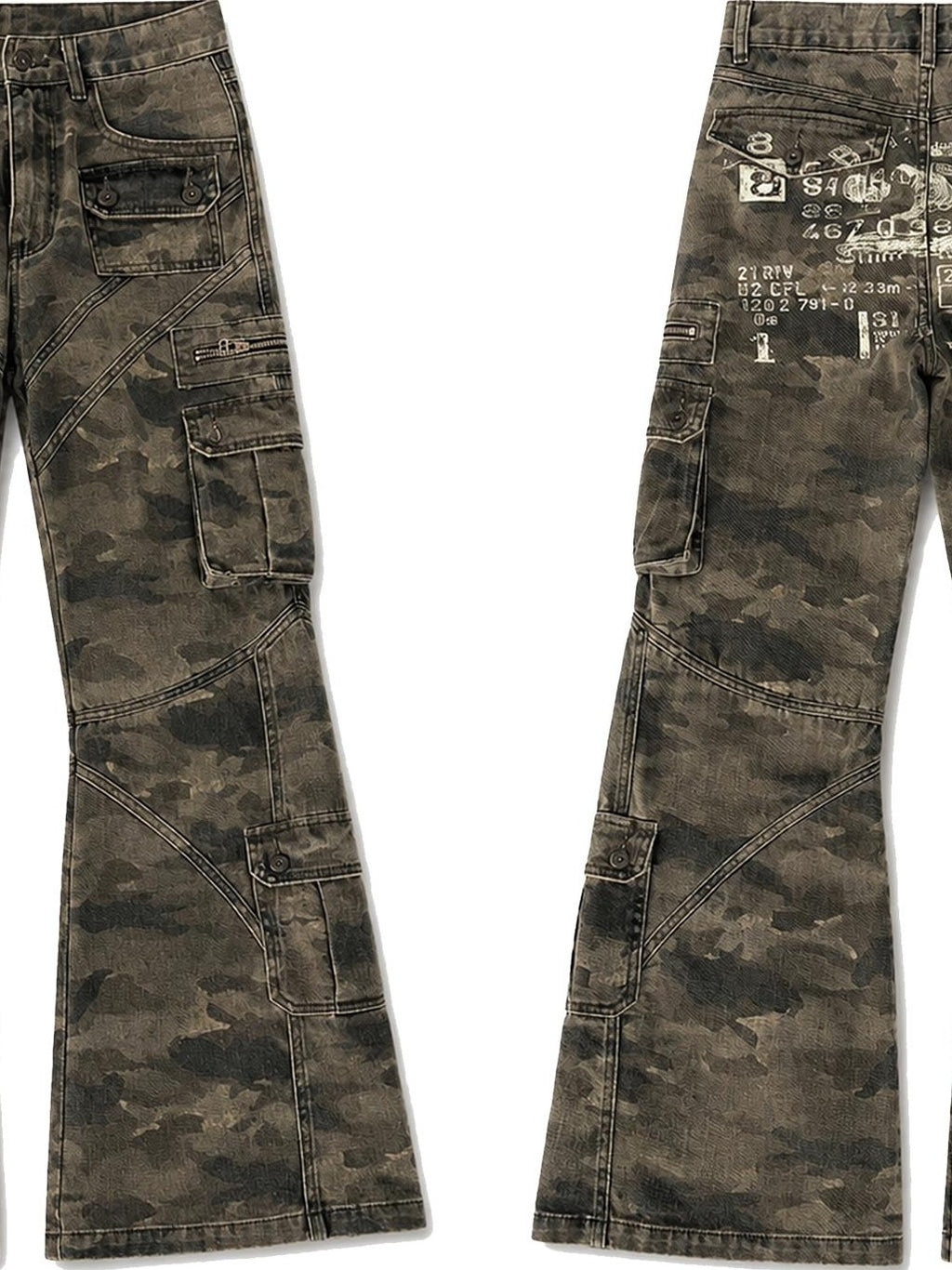 PAIKI Camouflage Washed Multi Panel Flare Women's Cotton Cargo Pants
