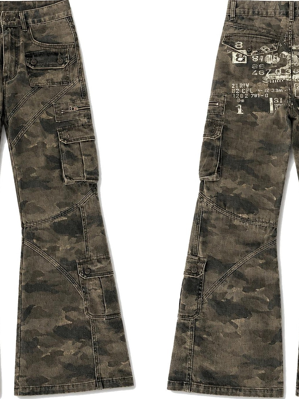 PAIKI Camouflage Washed Multi Panel Flare Women's Cotton Cargo Pants