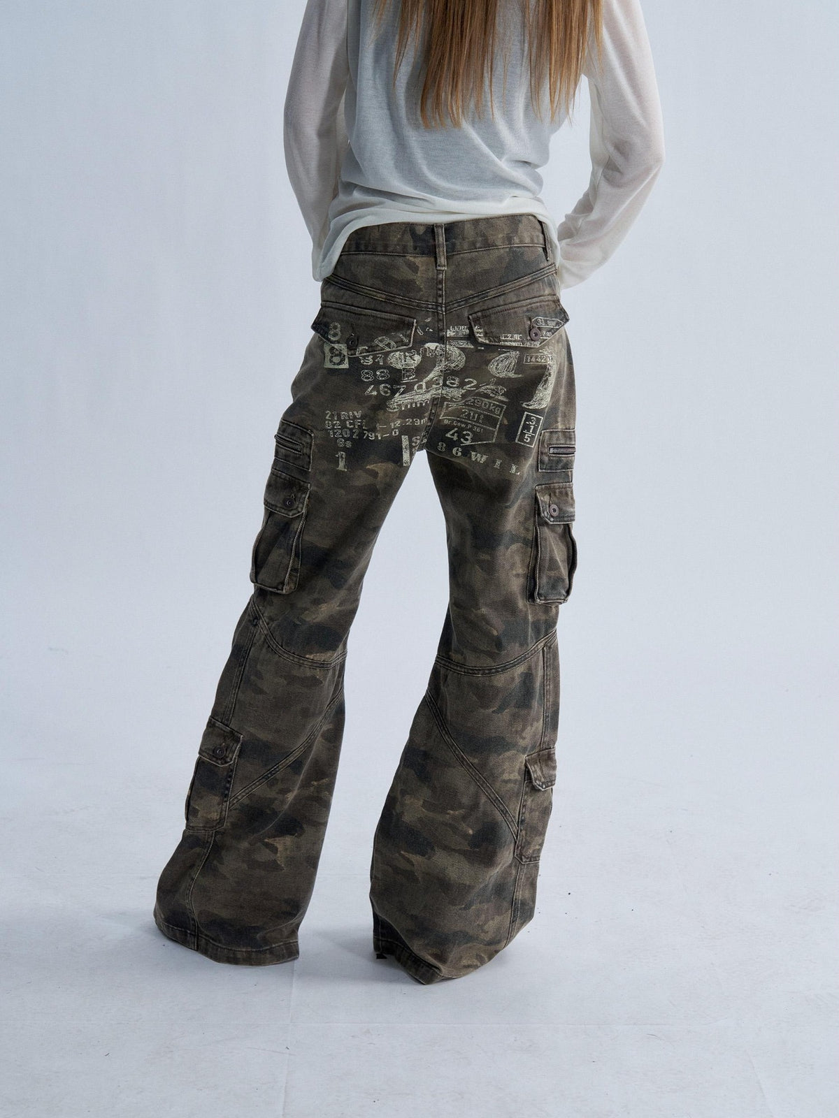 PAIKI Camouflage Washed Multi Panel Flare Women's Cotton Cargo Pants