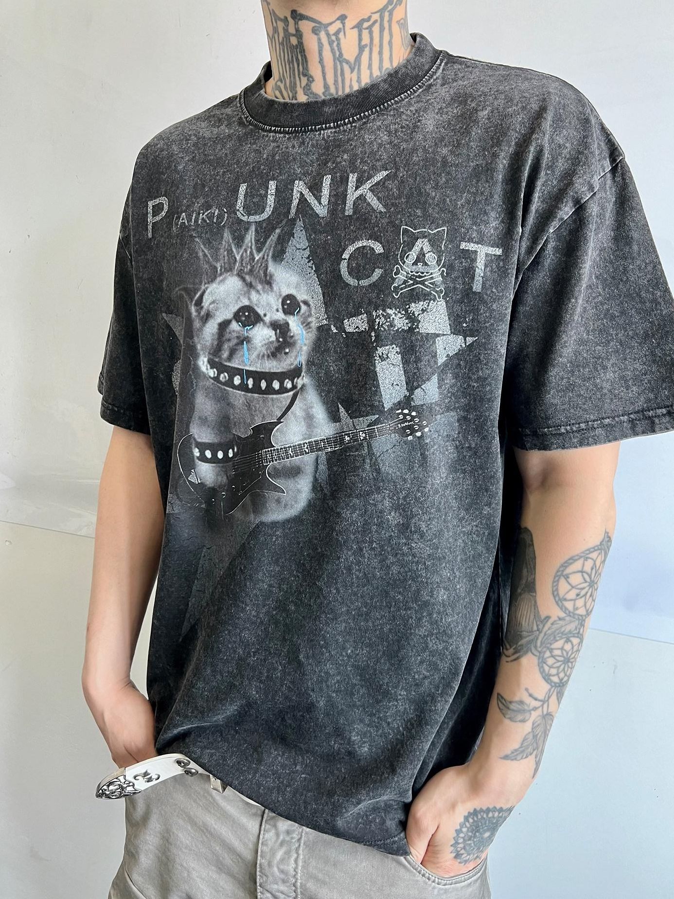 PAIKI Colorfast Cotton Loose Skull Print Unisex Casual Crew Neck Short Sleeve T-Shirts