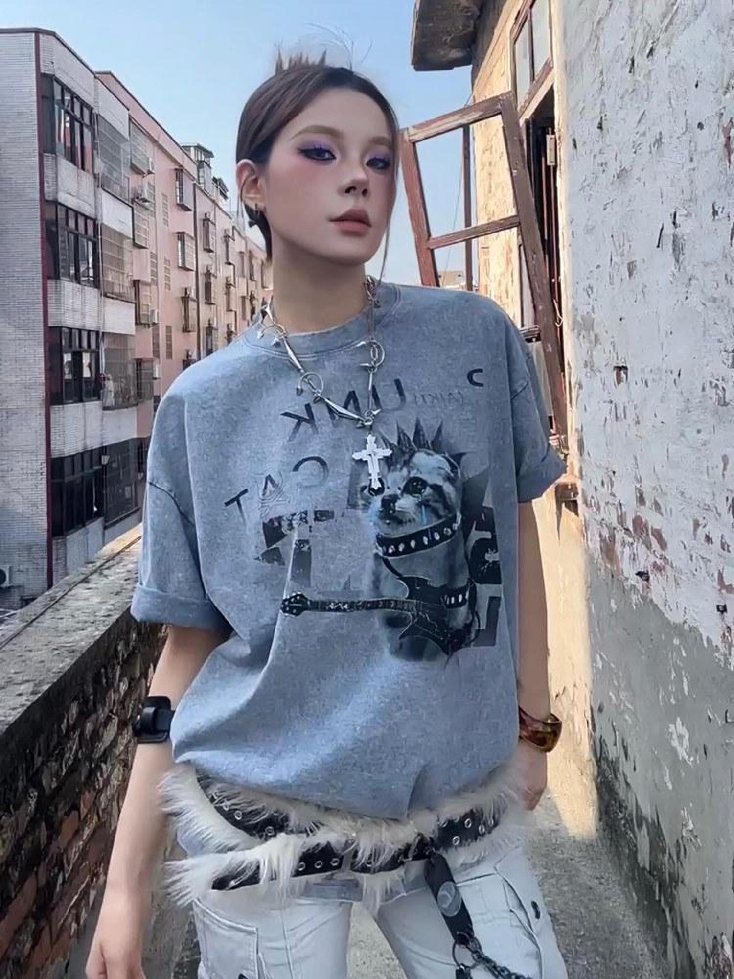 PAIKI Colorfast Cotton Loose Skull Print Unisex Casual Crew Neck Short Sleeve T-Shirts