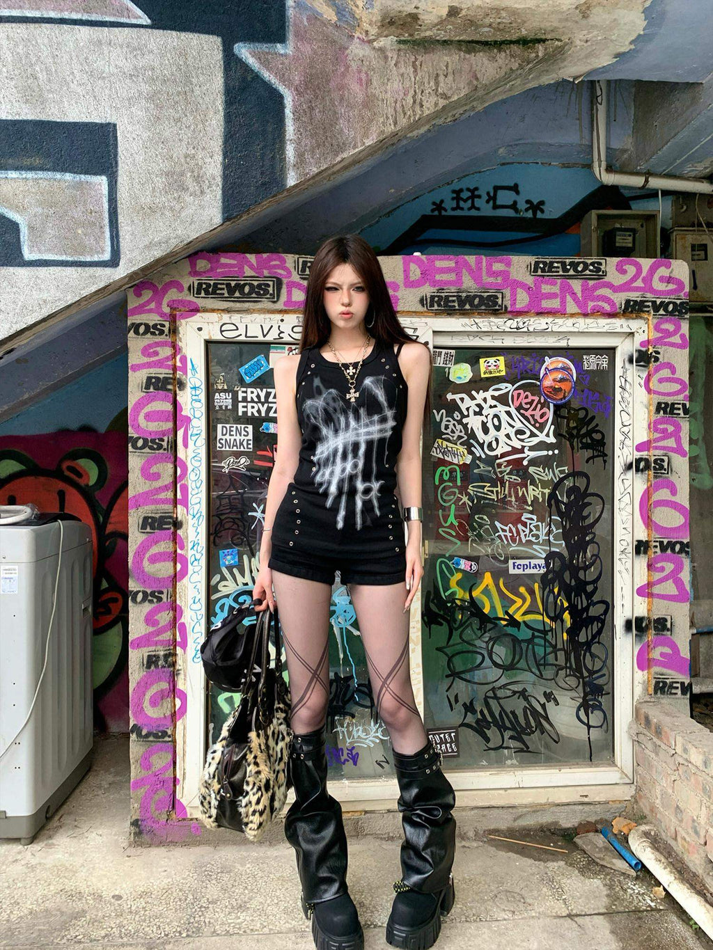 PAIKI Colorfast Slim Skull Demon Print Crewneck Unisex Cotton Black Tank Tops