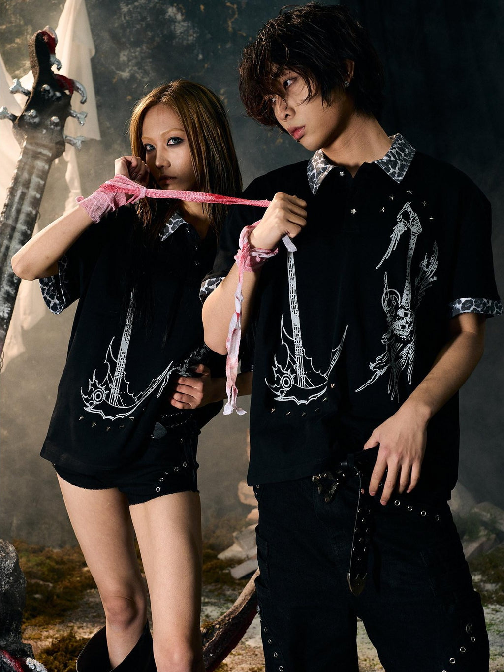PAIKI Cooling Cotton Loose Polo Collar Metal Trim Unisex Black Short Sleeve T-Shirts