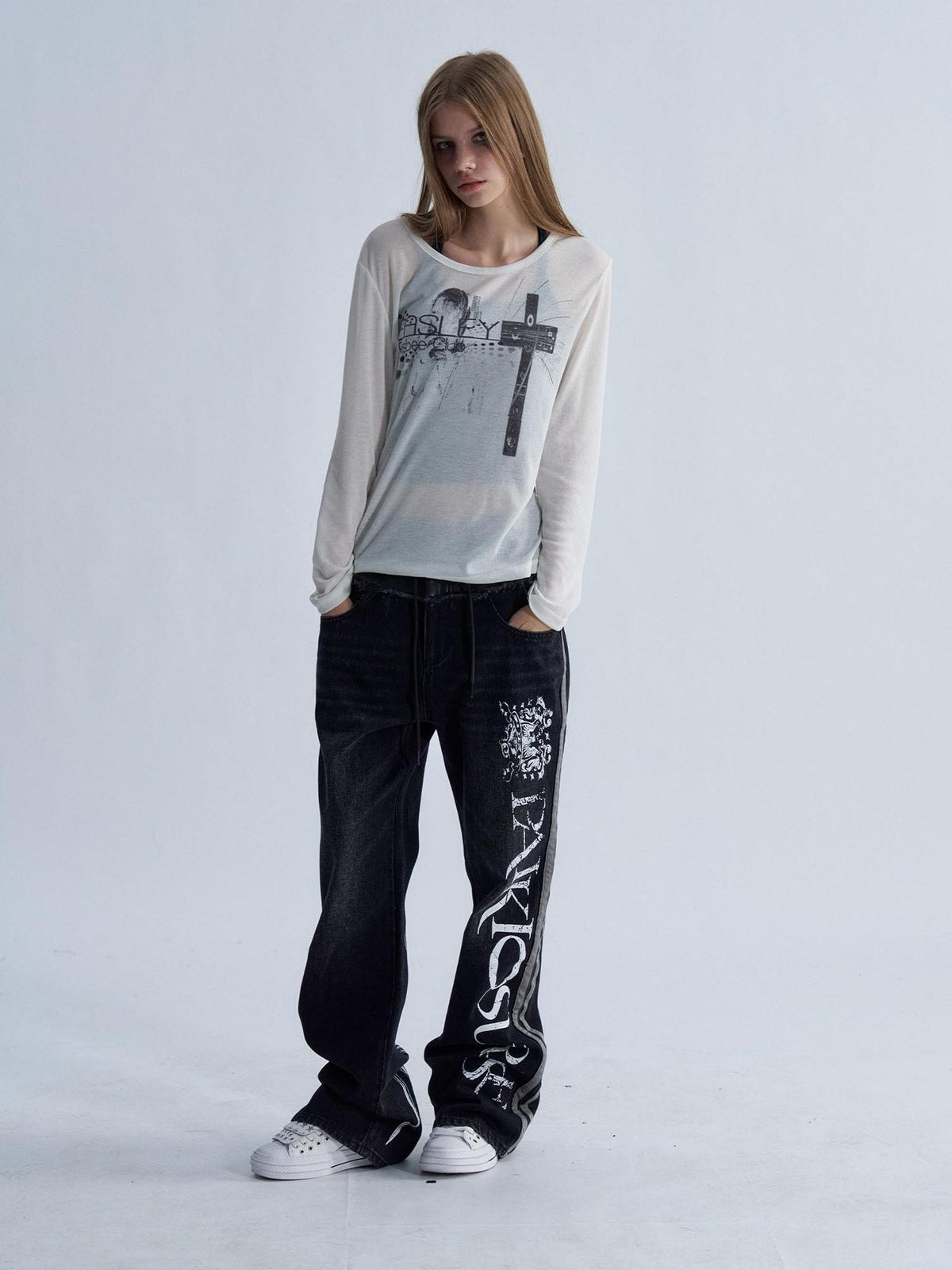 PAIKI Cross Print Distressed Slim Fit Cotton Women's Long Sleeve T-shirts
