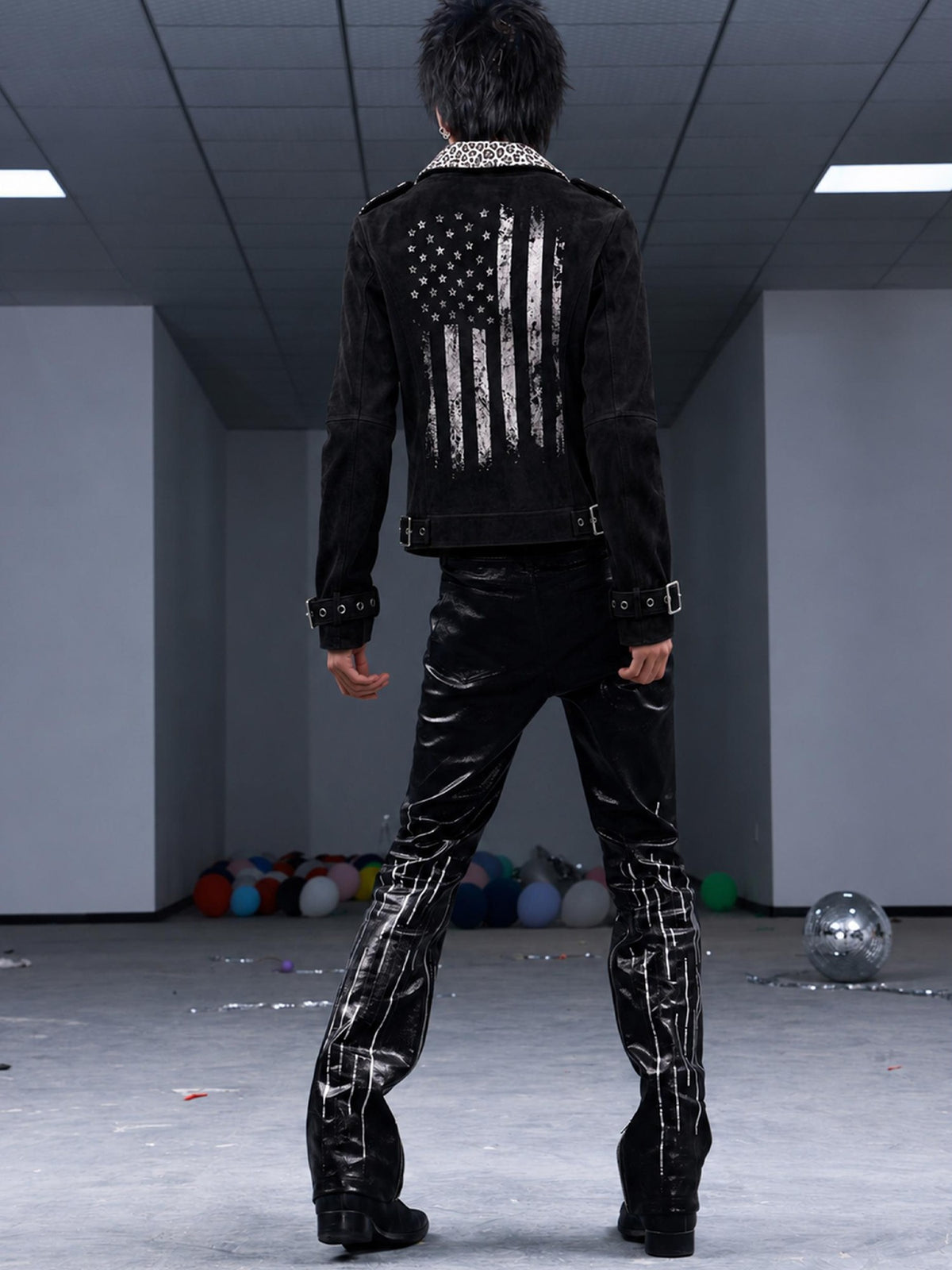 PAIKI Dark Leopard Star Flag Print Slim Fit Suede Women's Moto Jackets