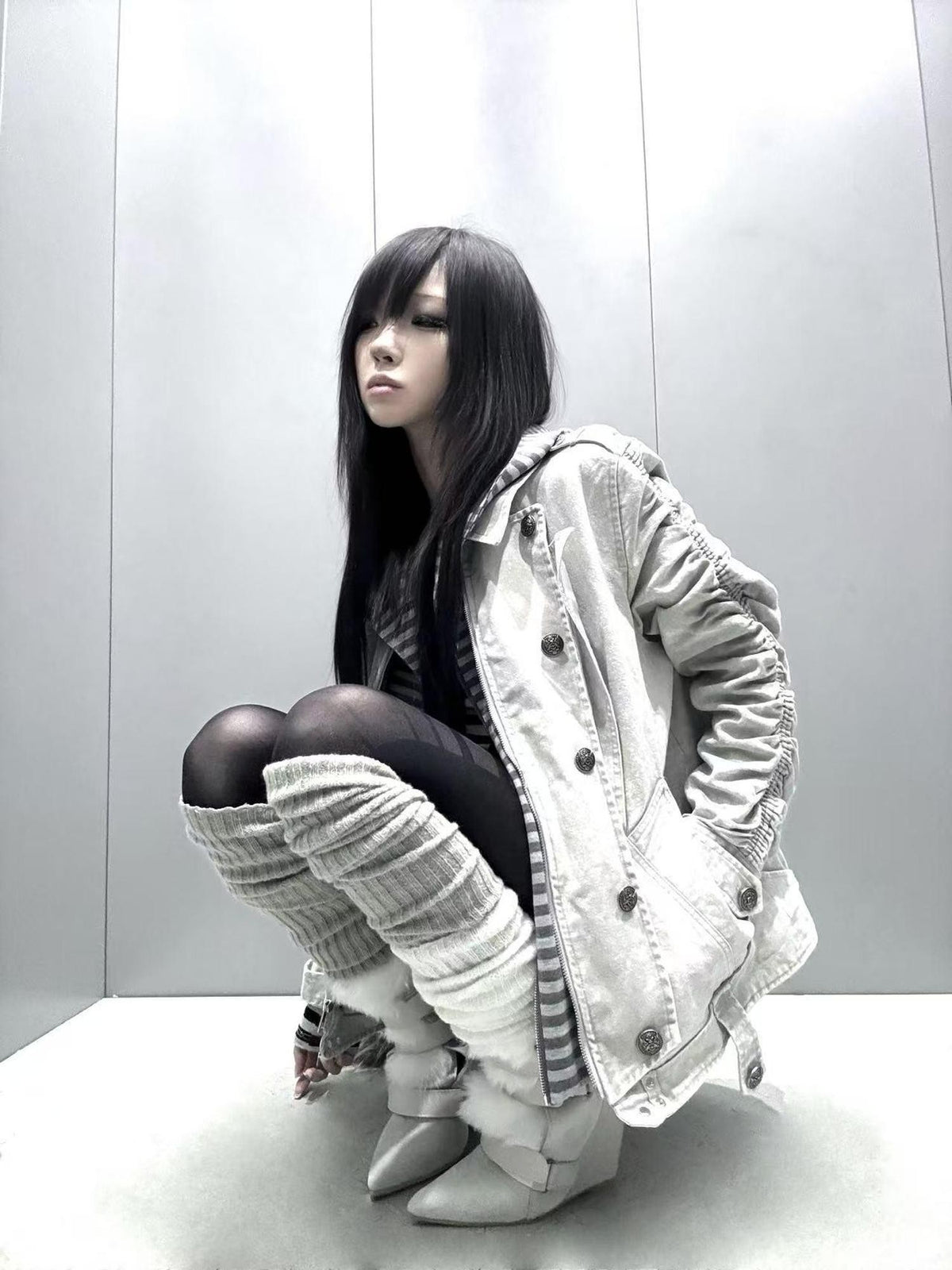PAIKI Detachable Fur Collar Double Breasted Longline Padded Women's Canvas Jackets