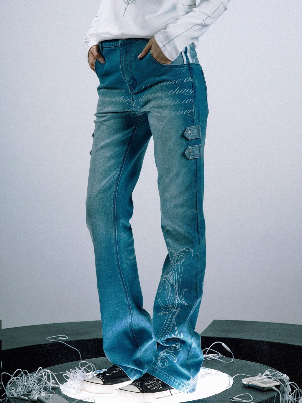 PAIKI Digital Print 100 Percent Cotton Mid Rise Slim With Pockets Unisex Straight Jeans