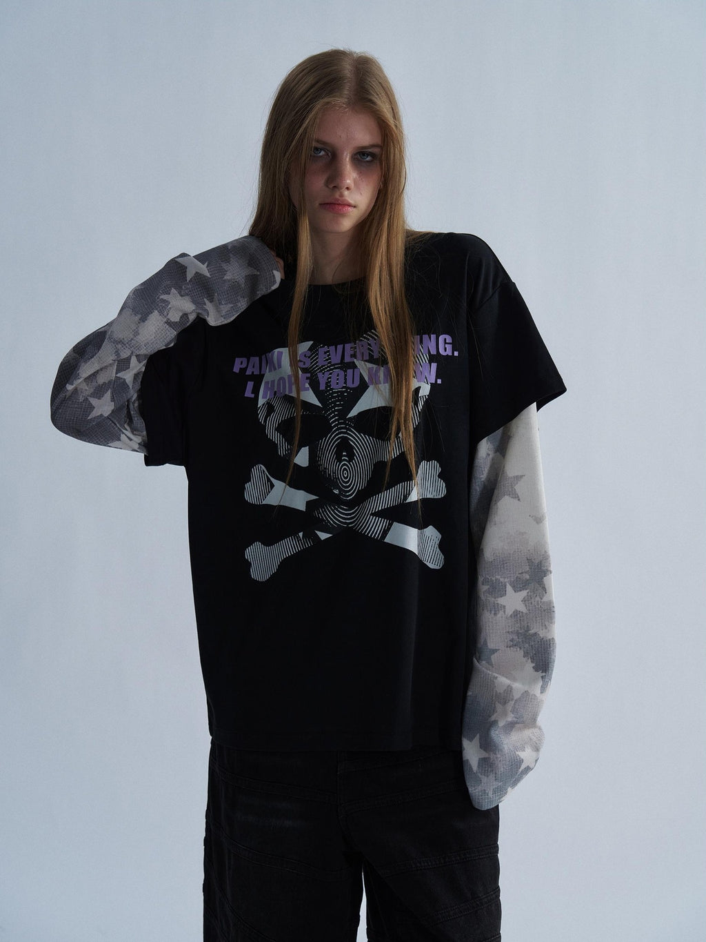 PAIKI Distressed Star Print Layered Panel Loose Fit Women's Cotton Long Sleeve T-shirts