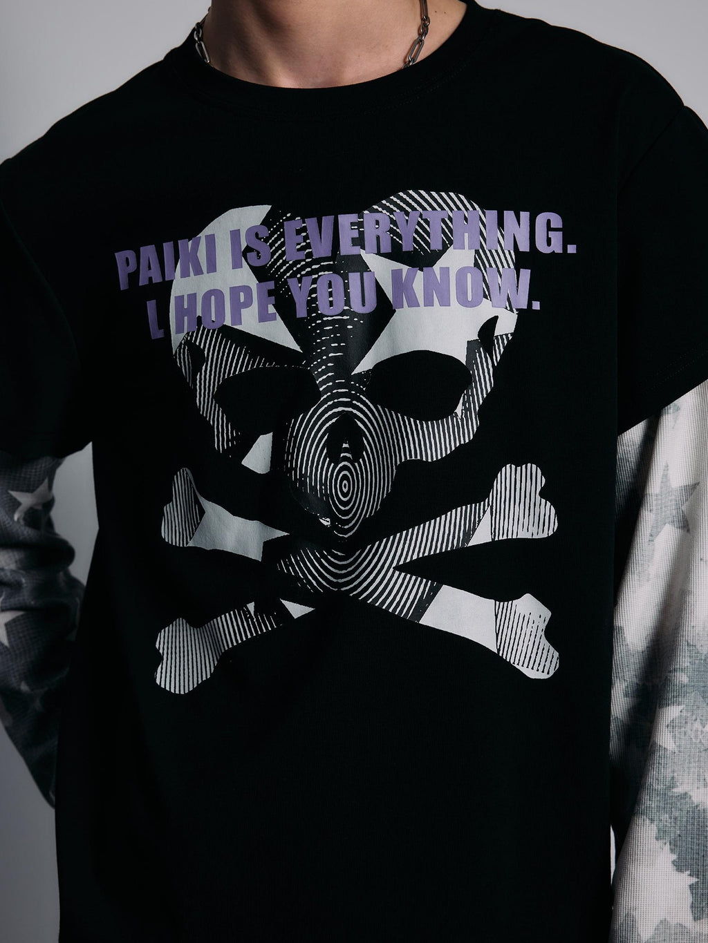 PAIKI Distressed Star Print Layered Panel Loose Fit Women's Cotton Long Sleeve T-shirts