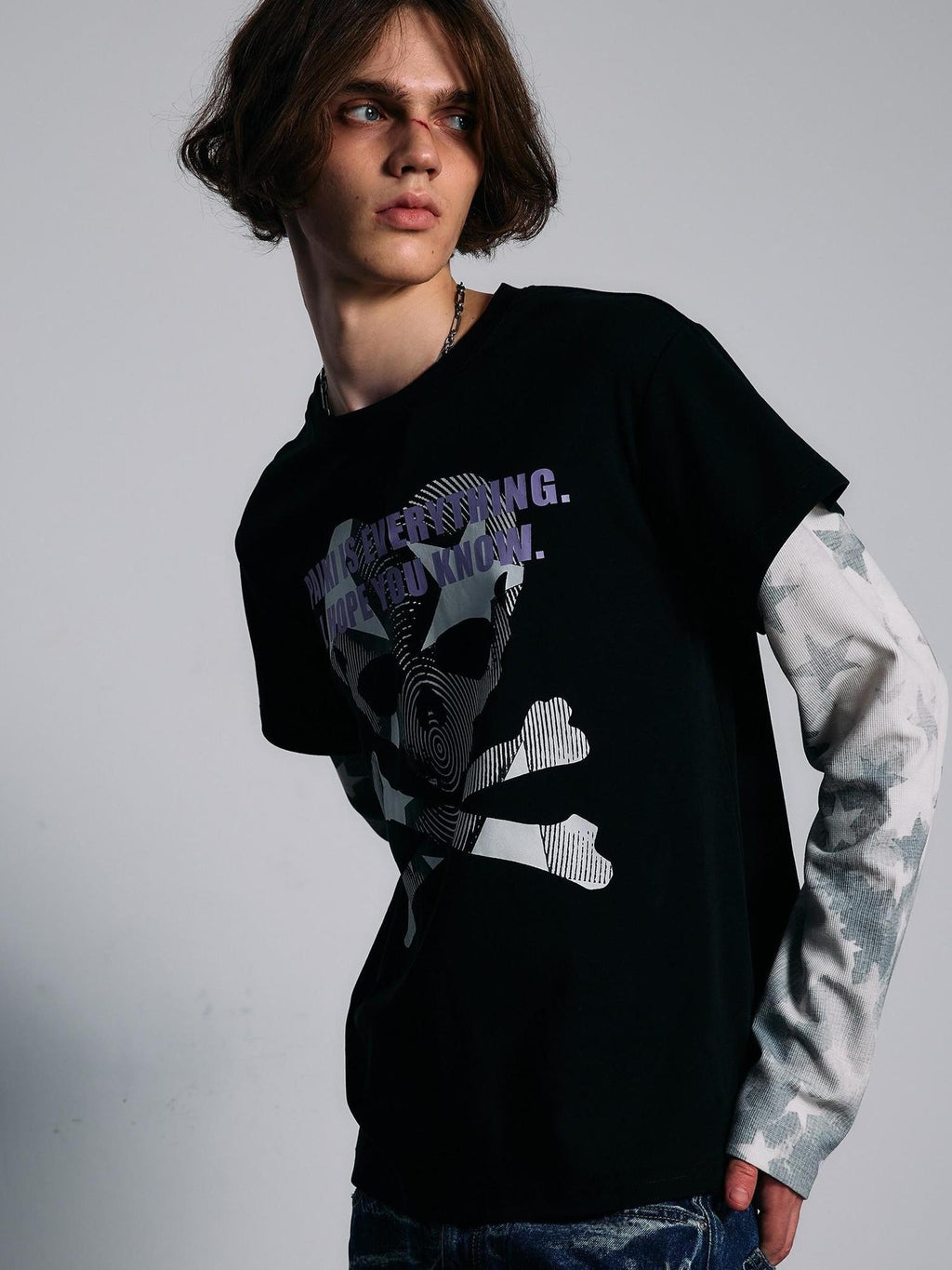 PAIKI Distressed Star Print Layered Panel Loose Fit Women's Cotton Long Sleeve T-shirts