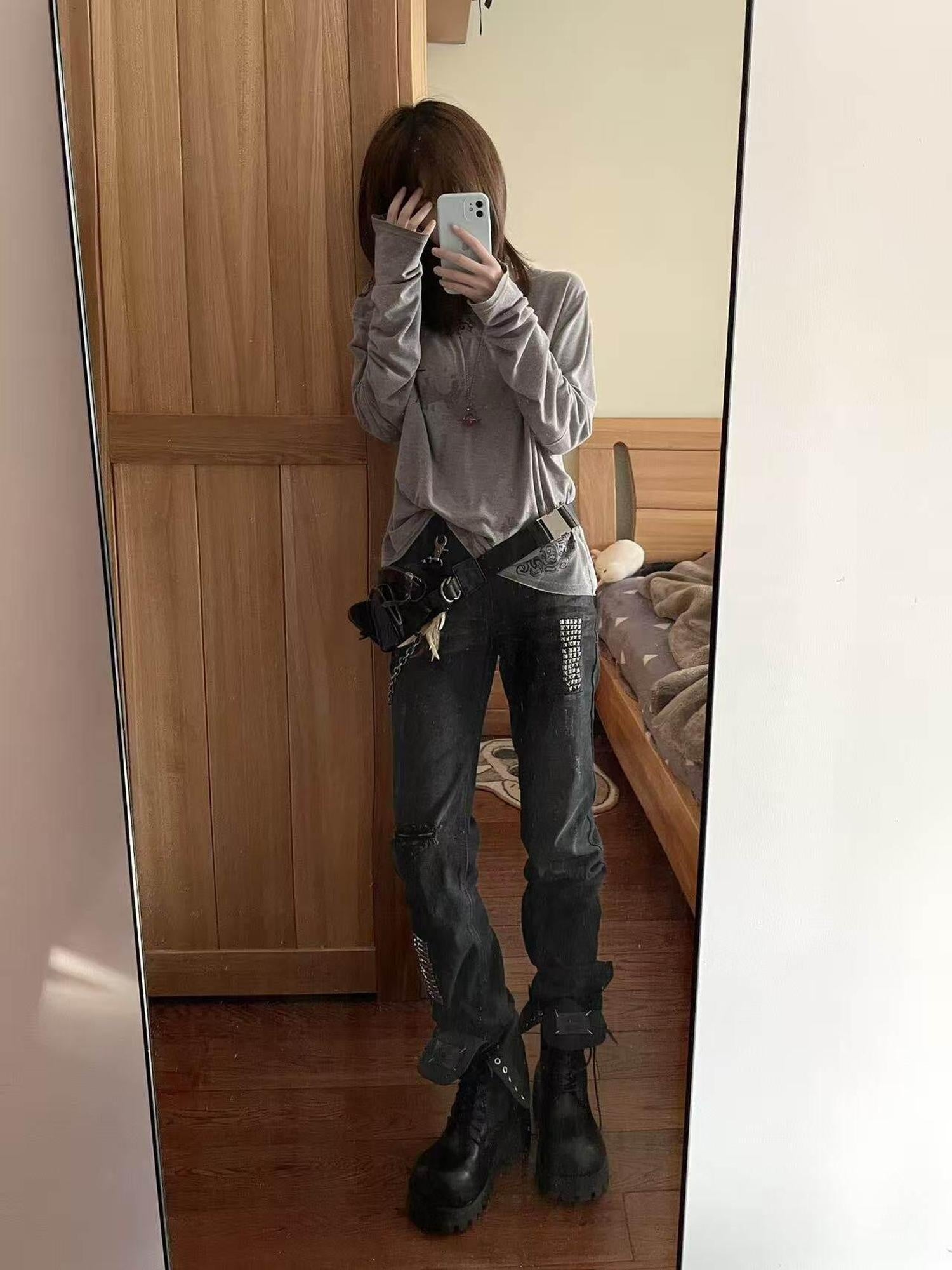 PAIKI Distressed Washed Punk Slim Midrise Unisex Denim Black Blue Straight Jeans
