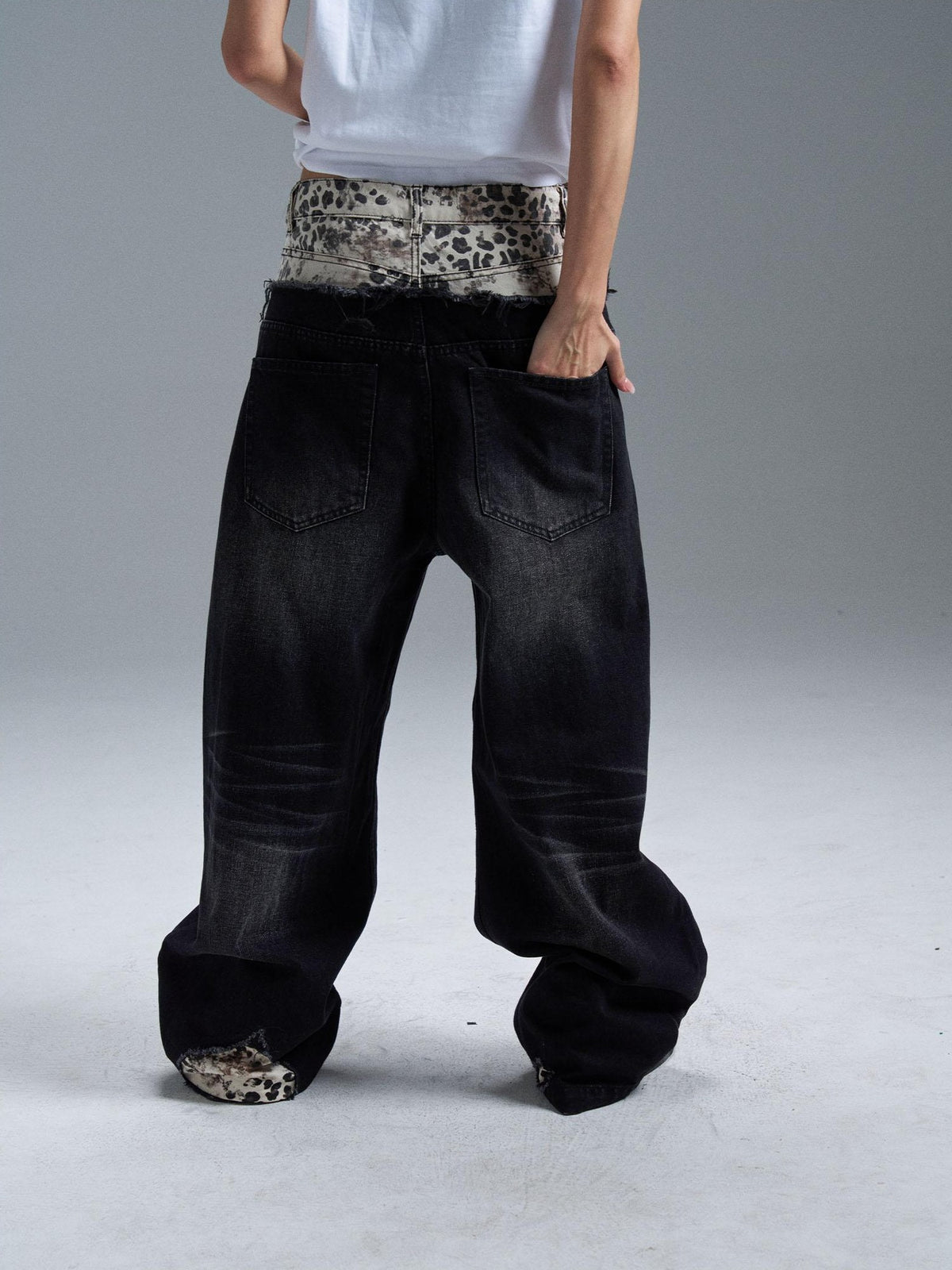 PAIKI Double Waist Leopard Print Rivet Curved Women's Distressed Jeans