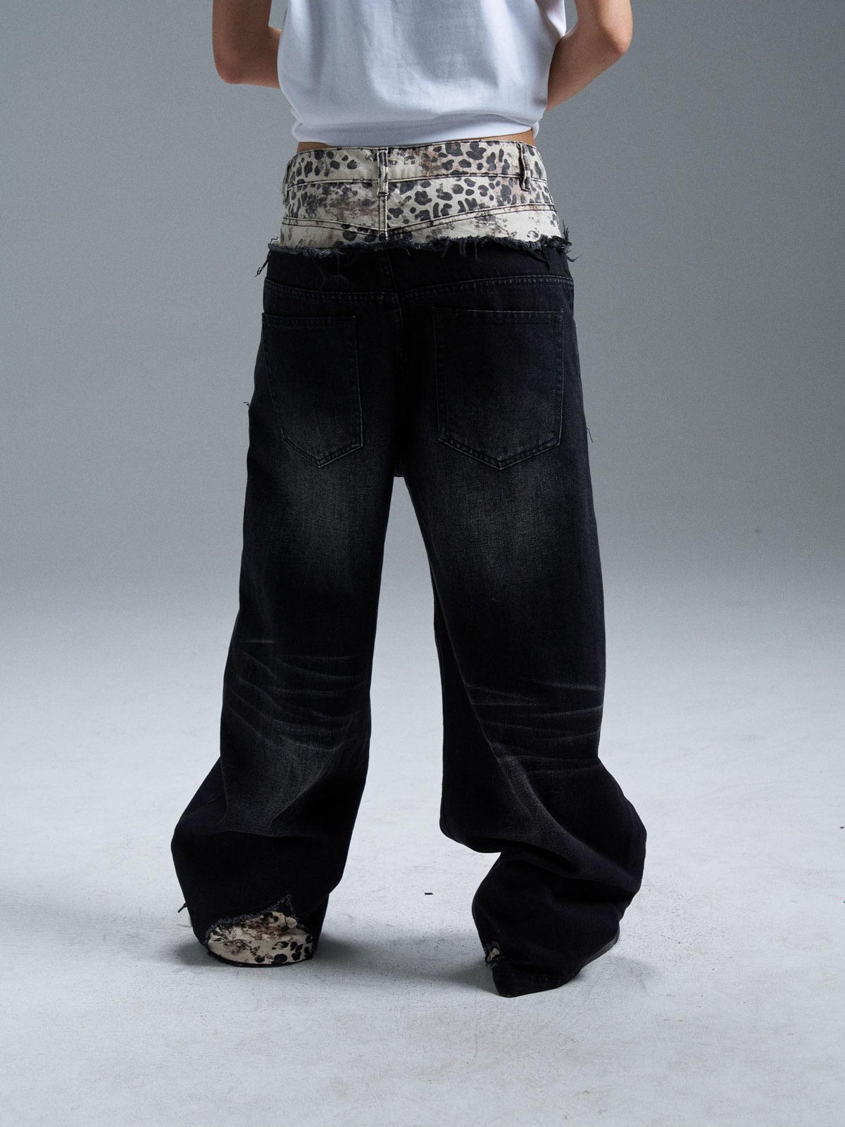 PAIKI Double Waist Leopard Print Rivet Curved Women's Distressed Jeans