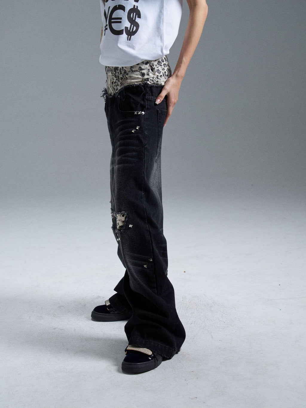 PAIKI Double Waist Leopard Print Rivet Curved Women's Distressed Jeans