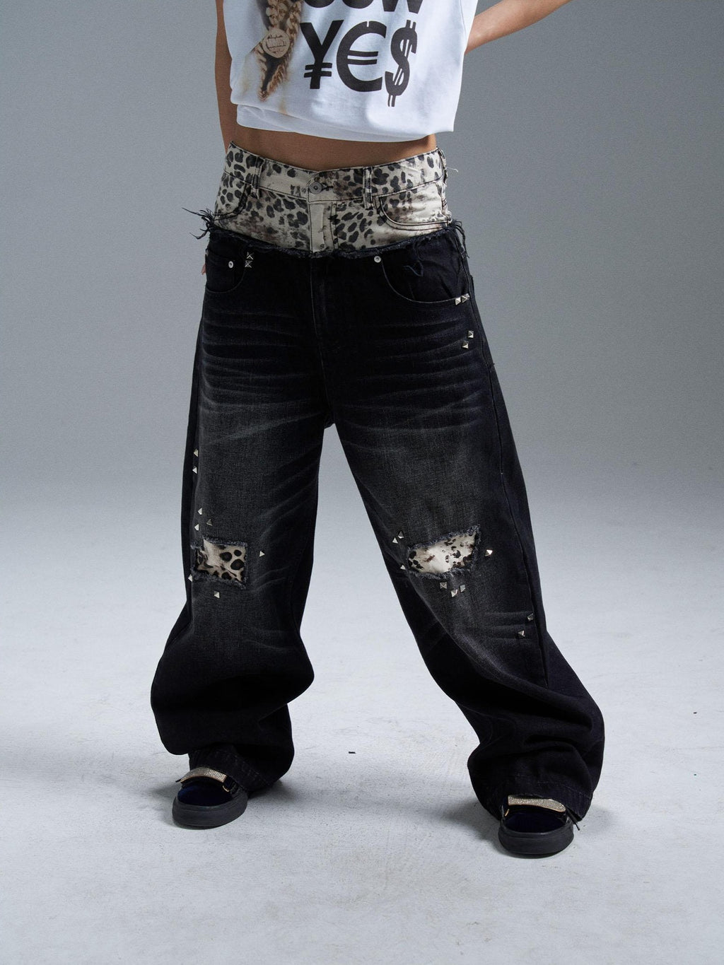 PAIKI Double Waist Leopard Print Rivet Curved Women's Distressed Jeans