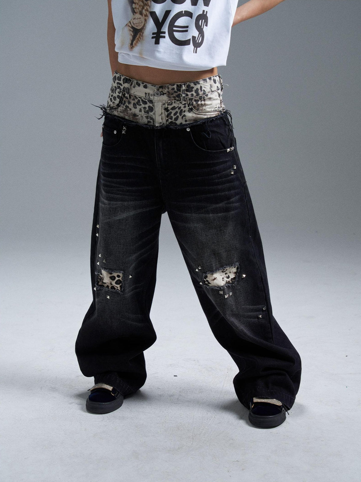 PAIKI Double Waist Leopard Print Rivet Curved Women's Distressed Jeans