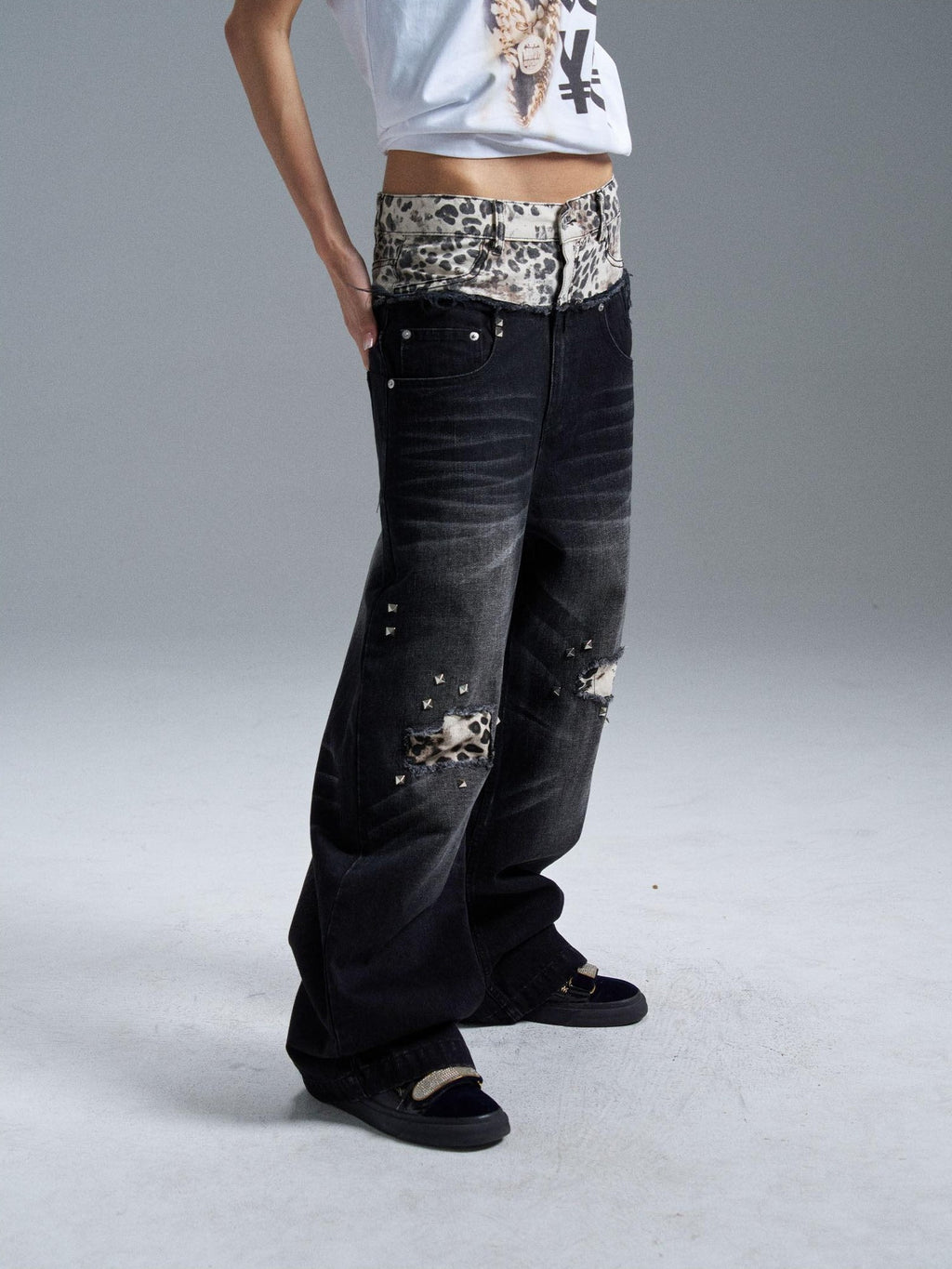 PAIKI Double Waist Leopard Print Rivet Curved Women's Distressed Jeans