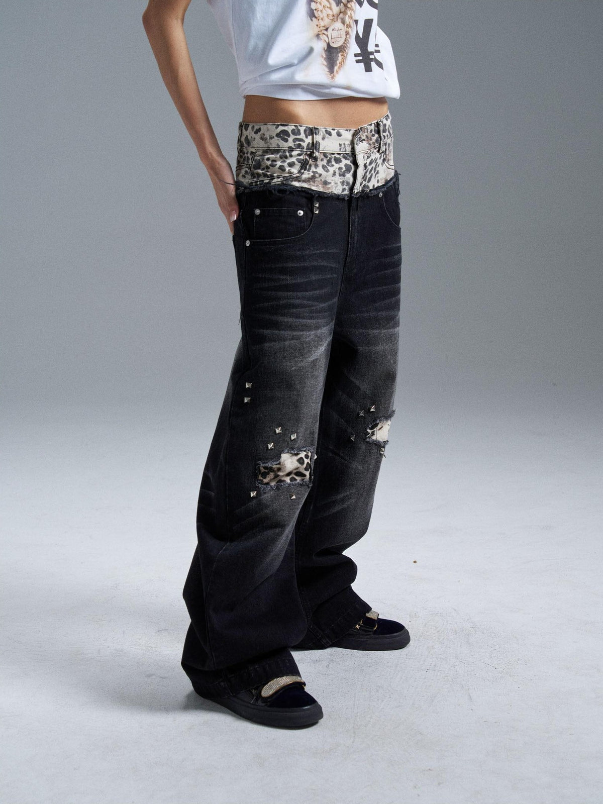 PAIKI Double Waist Leopard Print Rivet Curved Women's Distressed Jeans