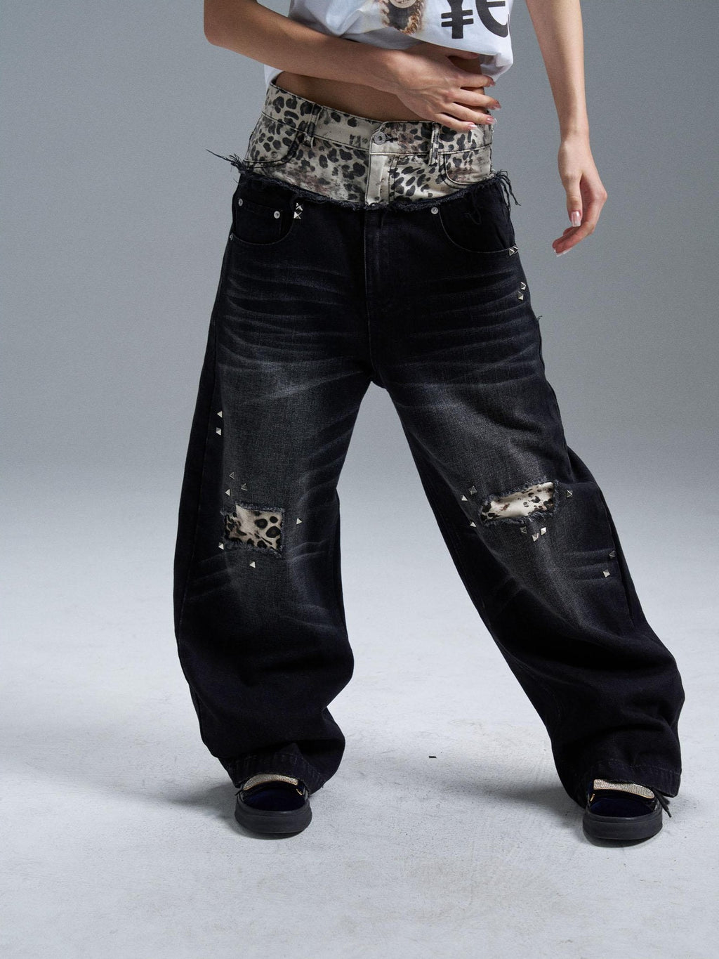 PAIKI Double Waist Leopard Print Rivet Curved Women's Distressed Jeans