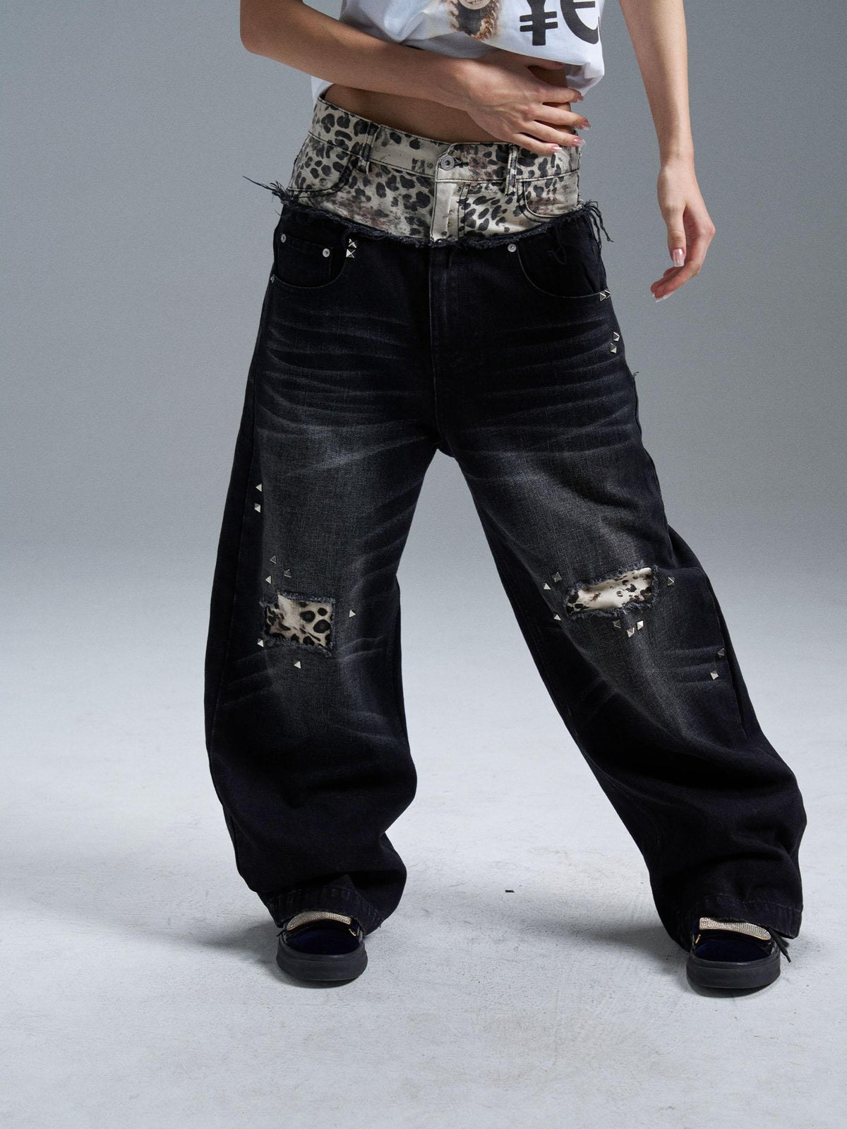 PAIKI Double Waist Leopard Print Rivet Curved Women's Distressed Jeans