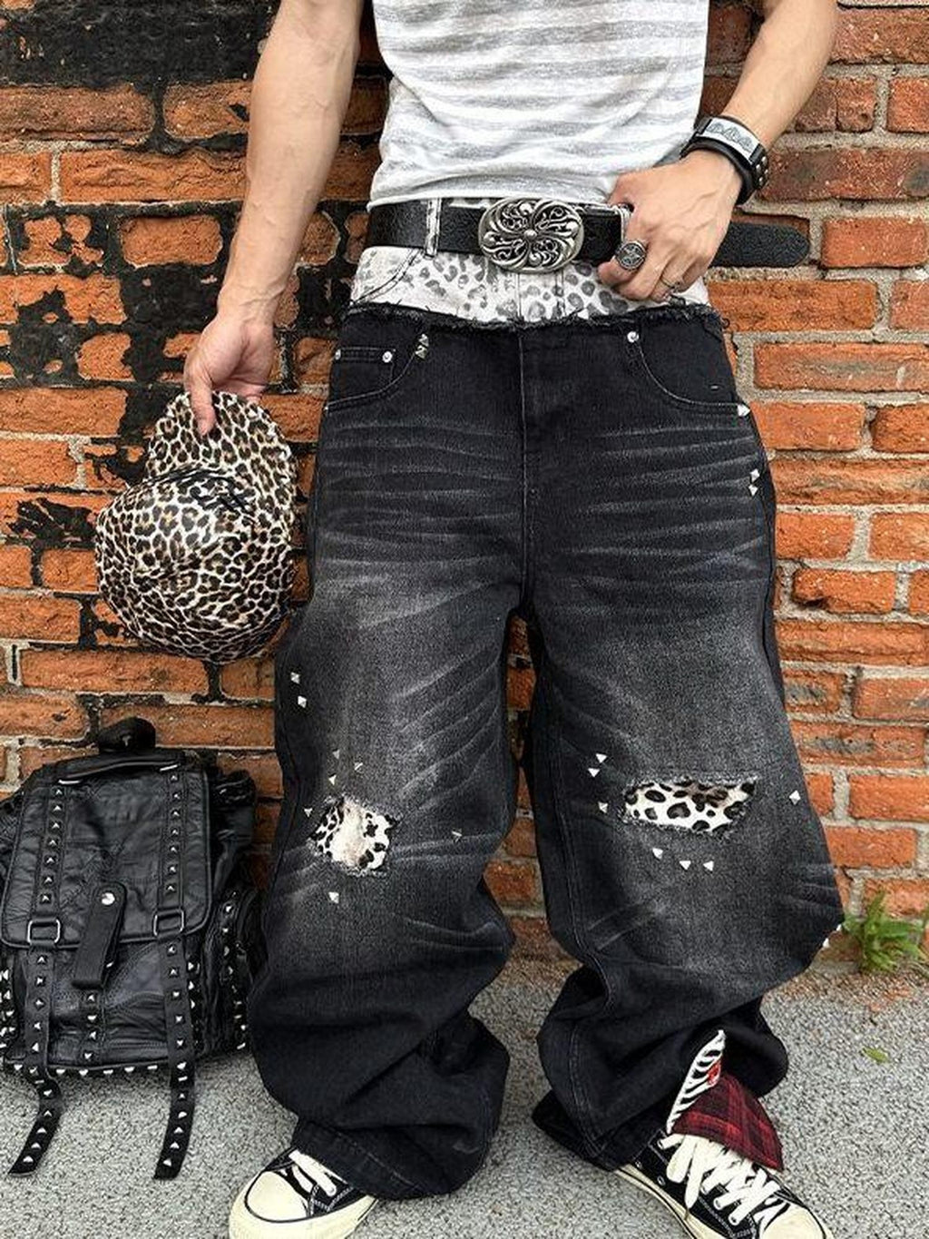 PAIKI Double Waist Leopard Print Rivet Curved Women's Distressed Jeans