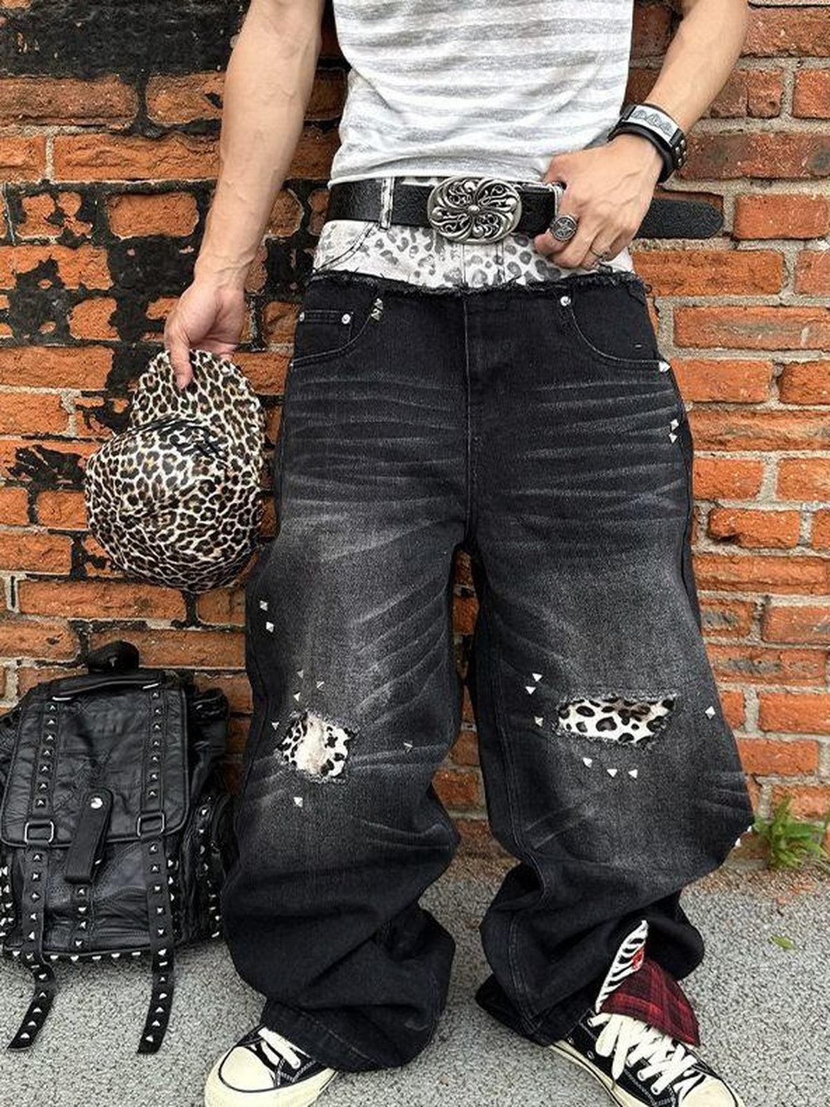 PAIKI Double Waist Leopard Print Rivet Curved Women's Distressed Jeans