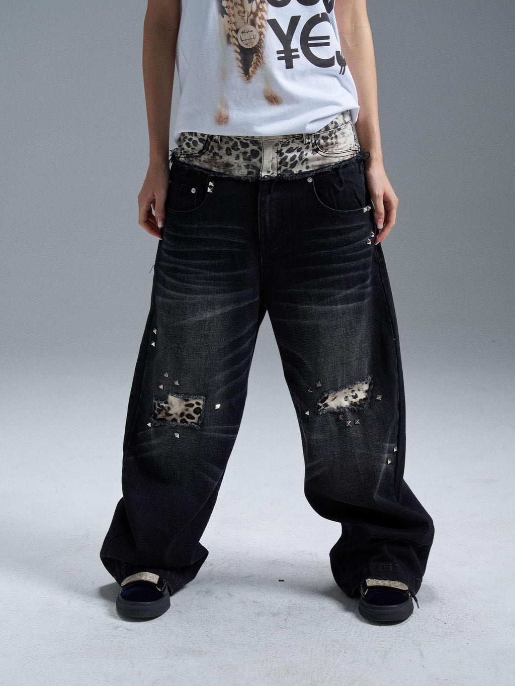 PAIKI Double Waist Leopard Print Rivet Curved Women's Distressed Jeans