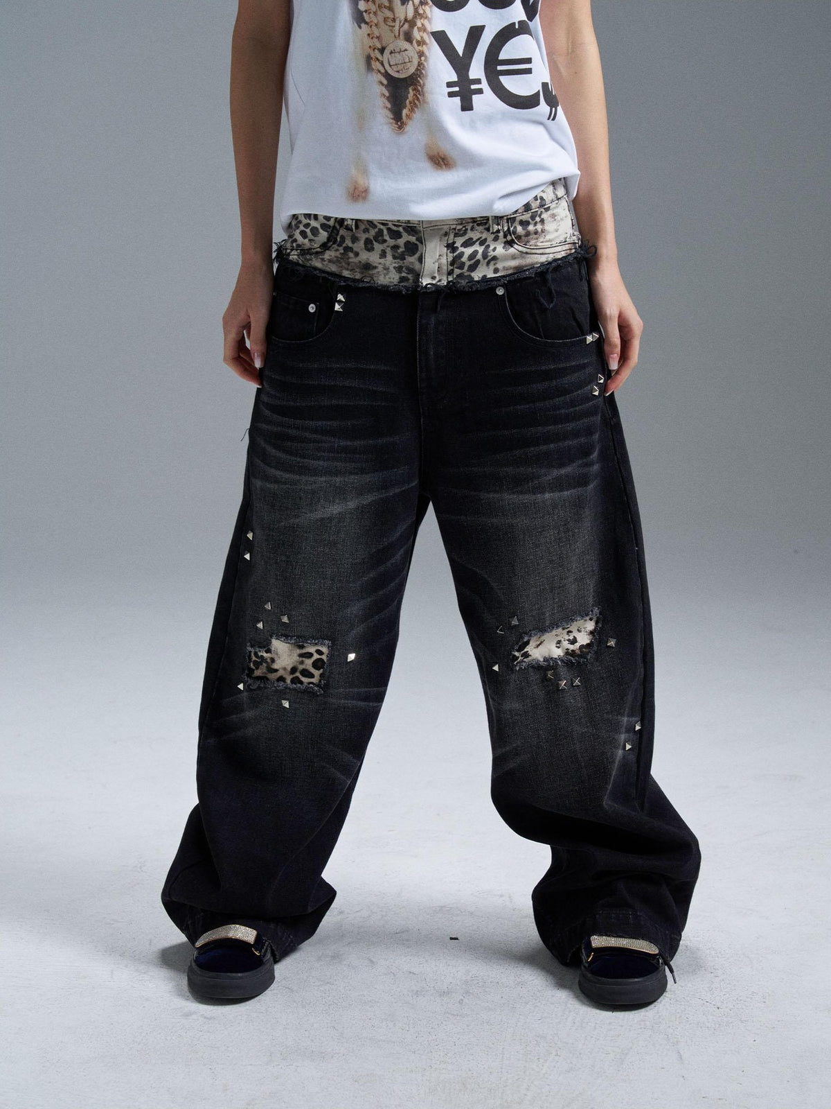 PAIKI Double Waist Leopard Print Rivet Curved Women's Distressed Jeans
