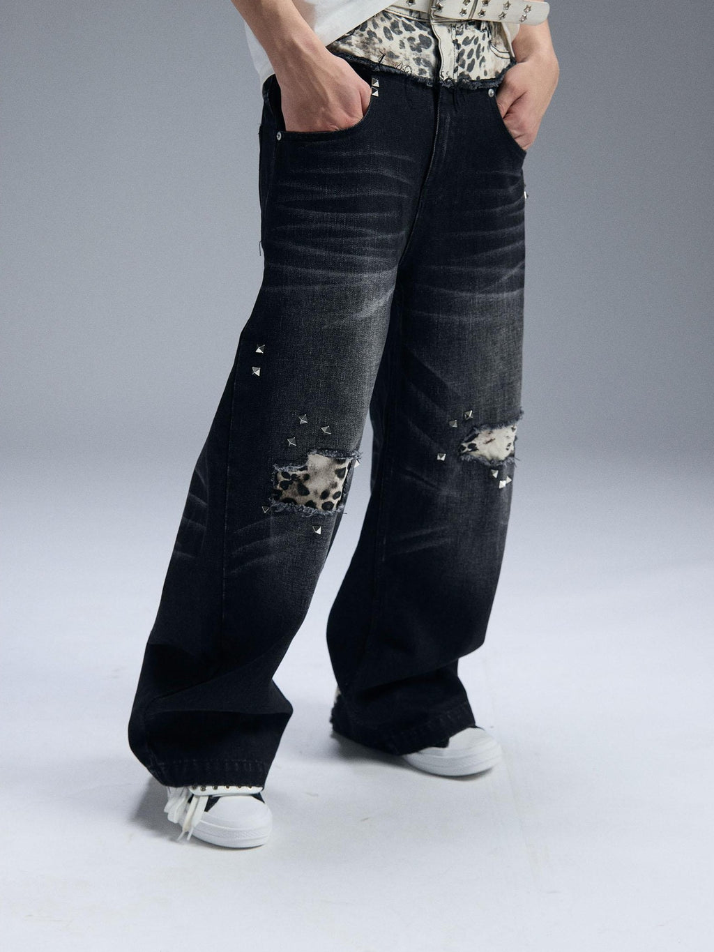 PAIKI Double Waist Leopard Print Rivet Curved Women's Distressed Jeans