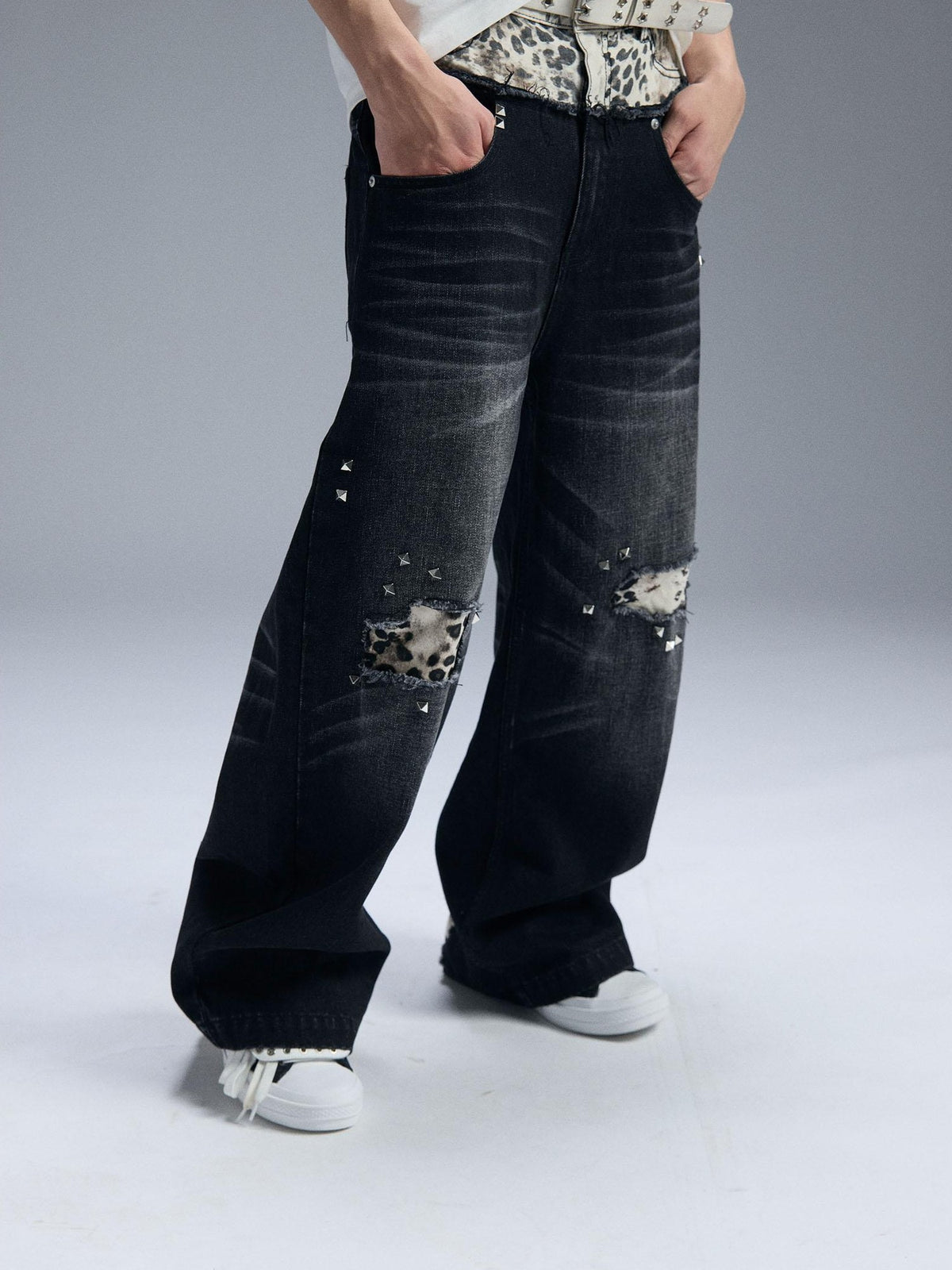 PAIKI Double Waist Leopard Print Rivet Curved Women's Distressed Jeans