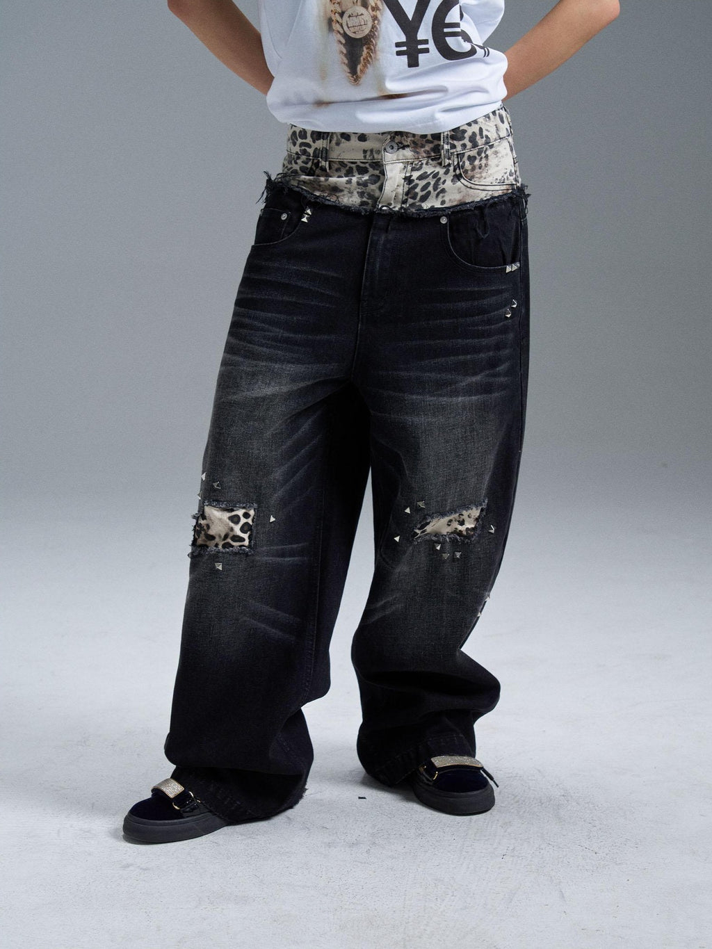 PAIKI Double Waist Leopard Print Rivet Curved Women's Distressed Jeans