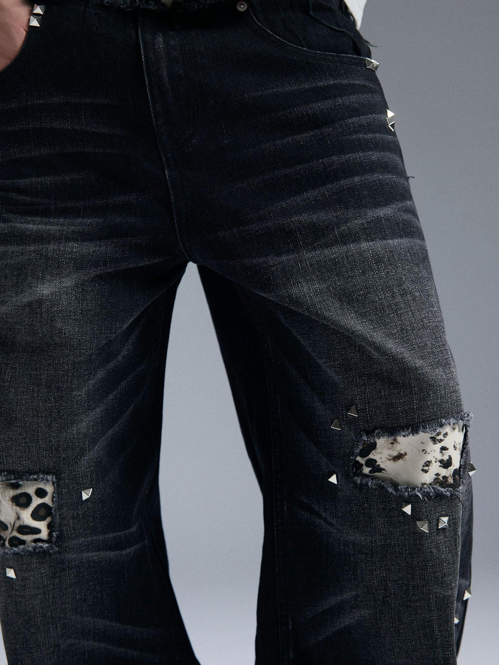 PAIKI Double Waist Leopard Print Rivet Curved Women's Distressed Jeans