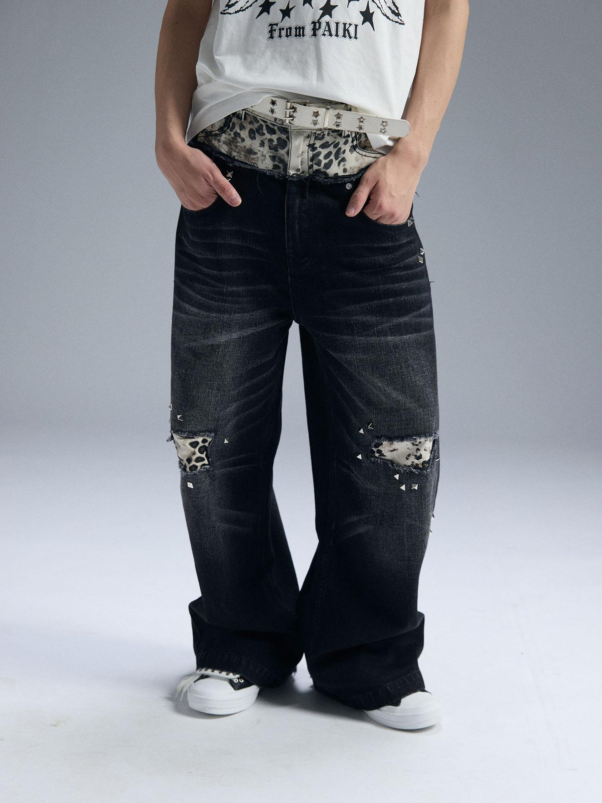 PAIKI Double Waist Leopard Print Rivet Curved Women's Distressed Jeans