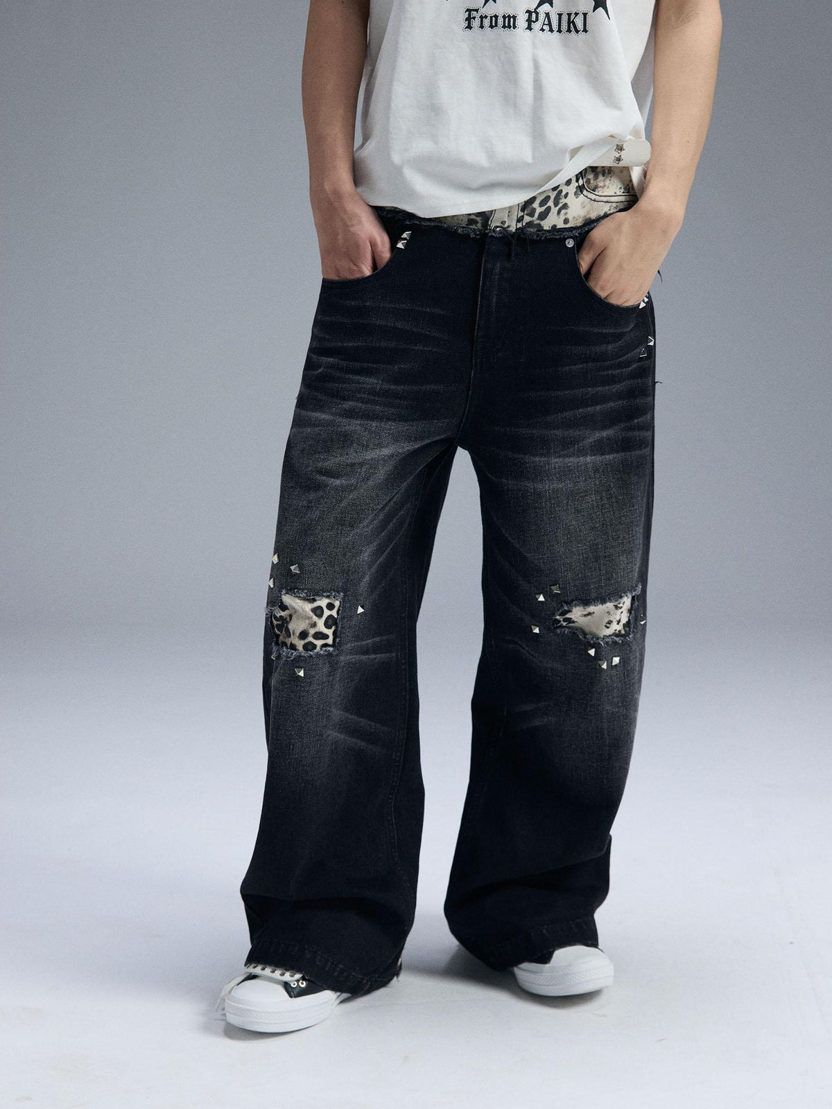 PAIKI Double Waist Leopard Print Rivet Curved Women's Distressed Jeans