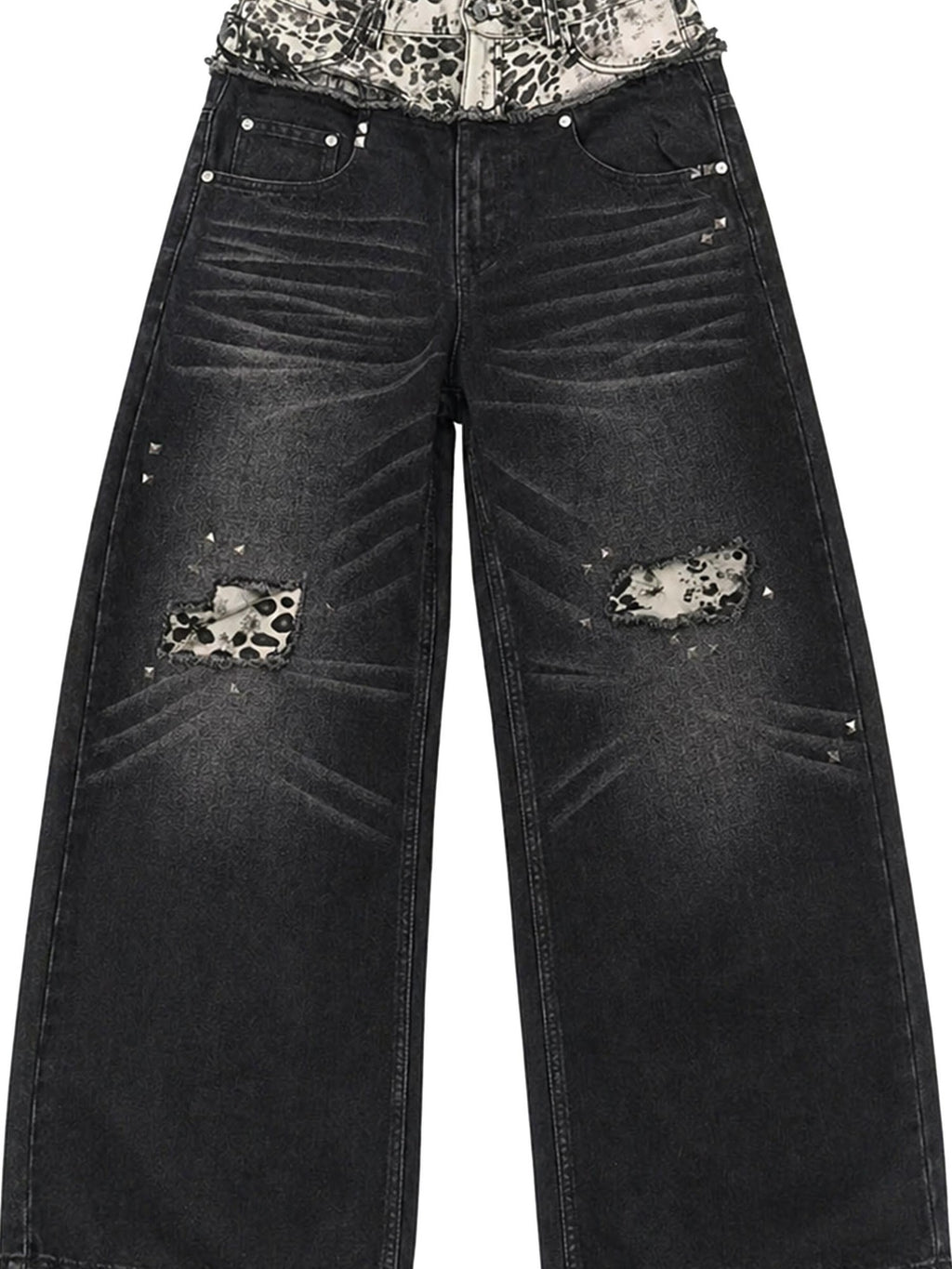 PAIKI Double Waist Leopard Print Rivet Curved Women's Distressed Jeans